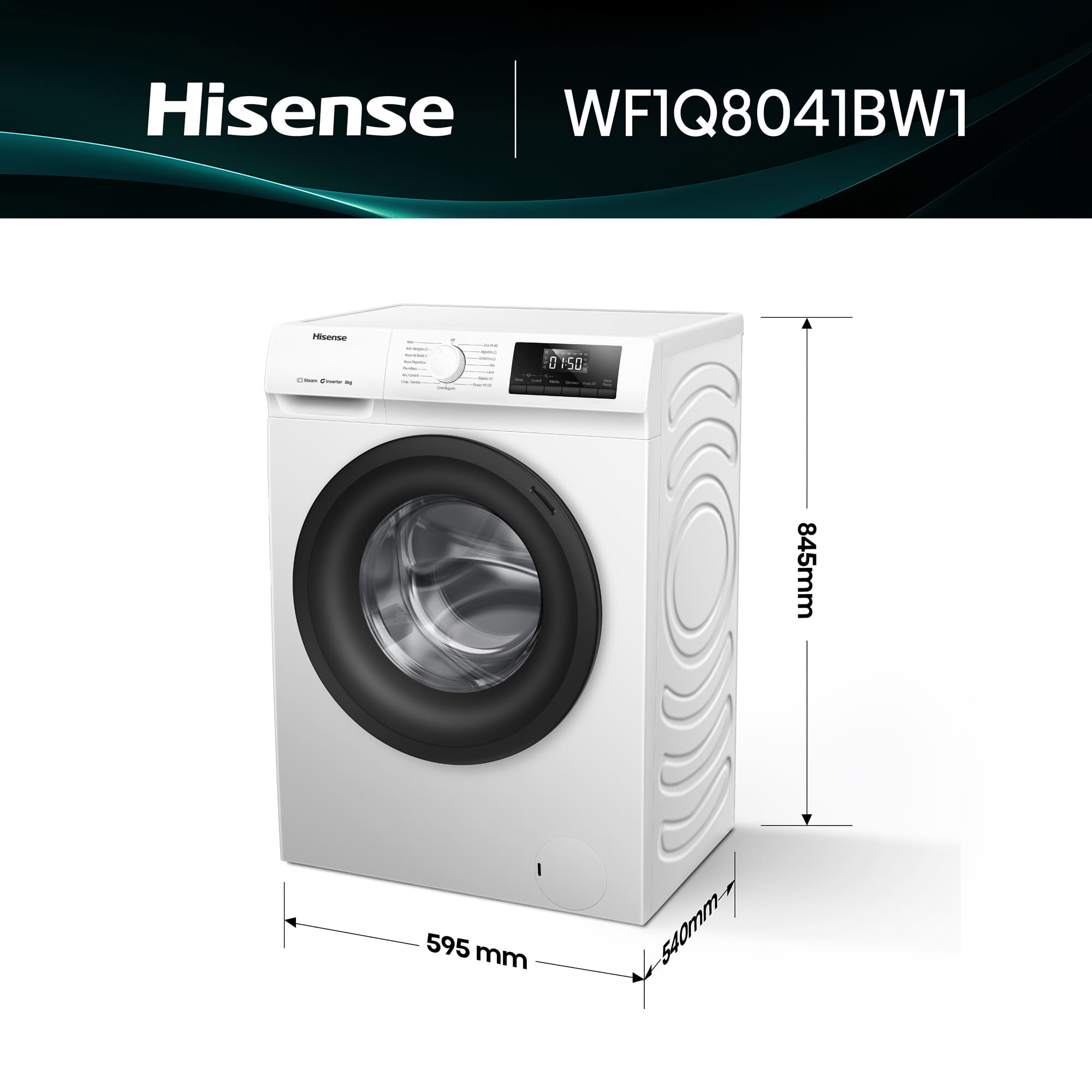 Hisense - WF1Q8041BW1 – Lavadora De Libre Instalación, Clase A, Capacidad 8 Kg , 1400 rpm, Color Blanco