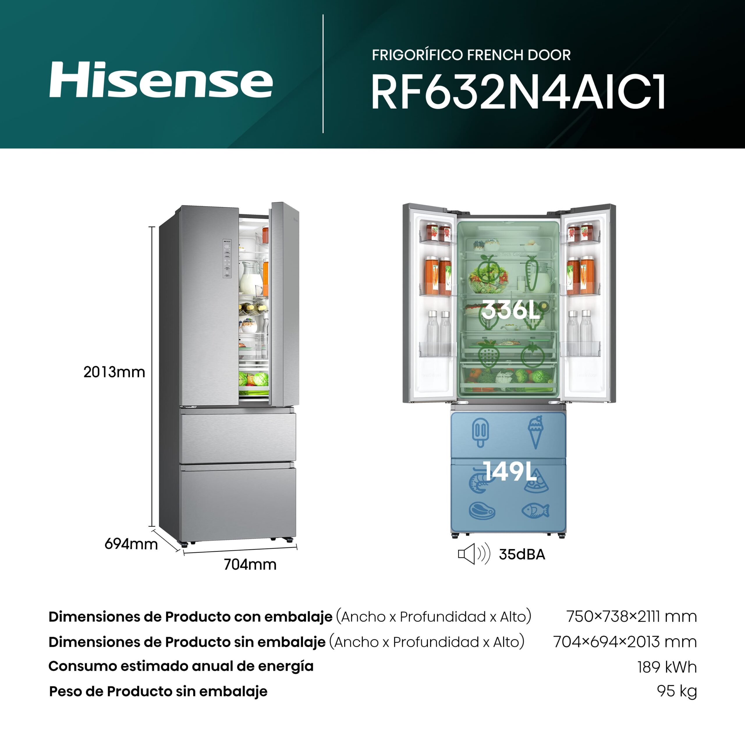 Hisense - RF632N4AIC1 – Frigorífico Combi Cajón Frances, Clase C , Capacidad 485L, Color Inox