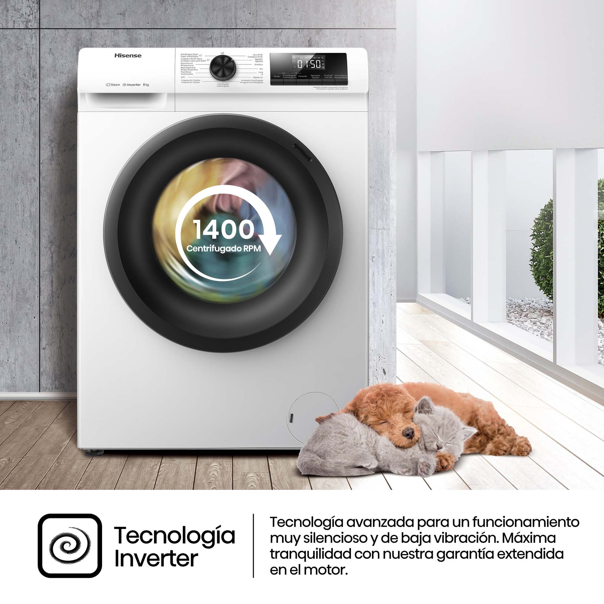 Hisense - WFQP8014EVM – Lavadora, Clase A, 8 Kg, 1400 rpm, Blanco