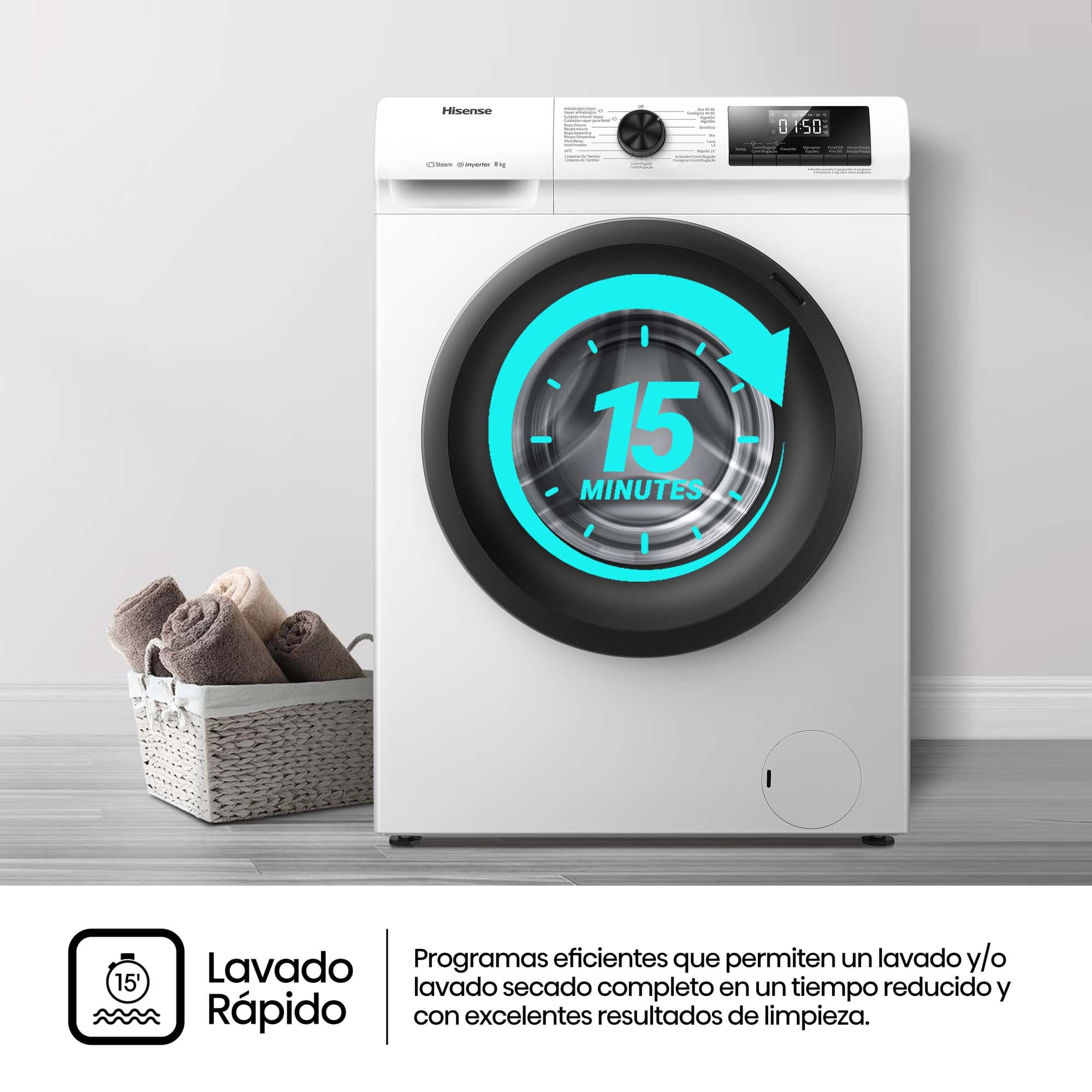 Hisense - WFQP8014EVM – Lavadora, Clase A, 8 Kg, 1400 rpm, Blanco