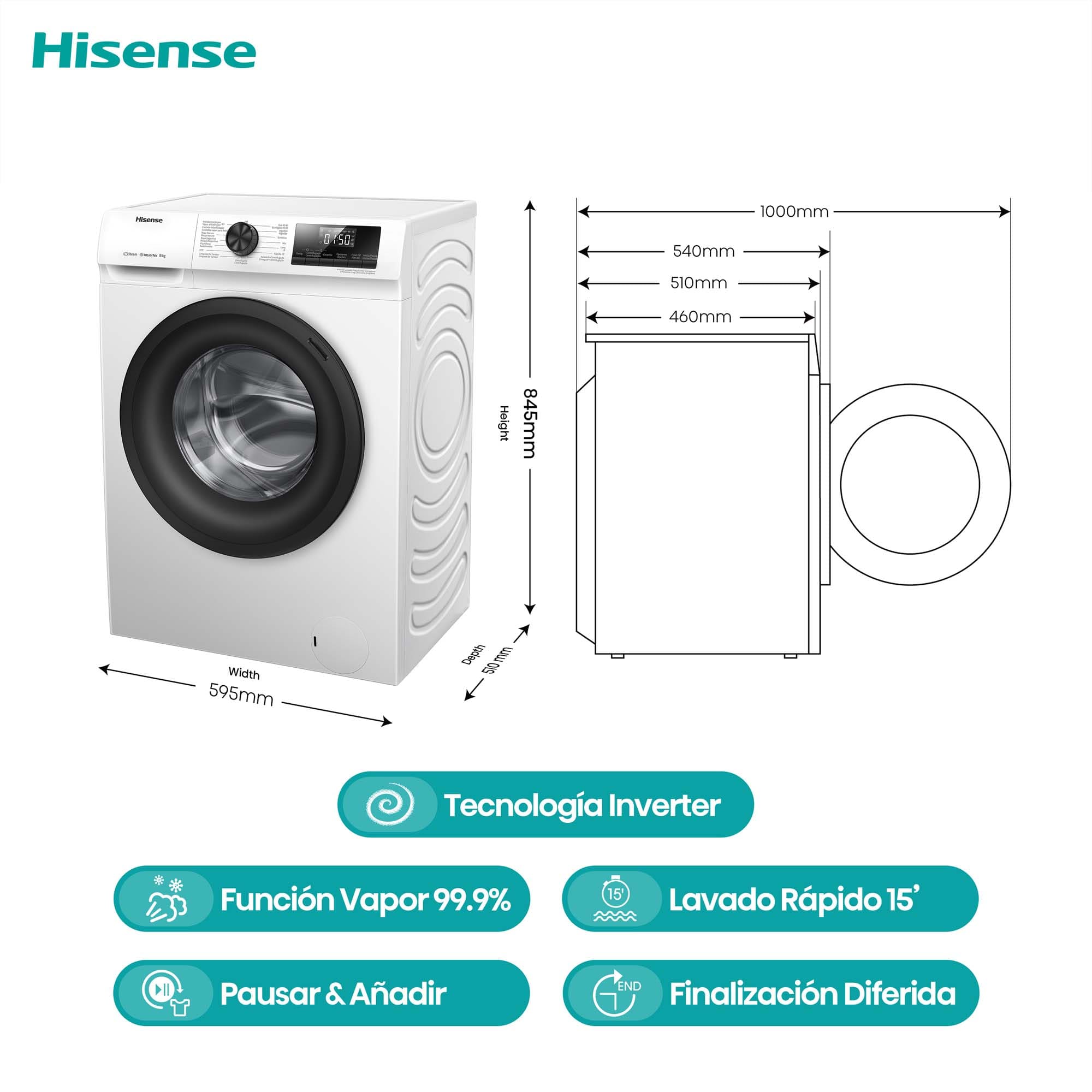 Hisense - WFQP8014EVM – Lavadora, Clase A, 8 Kg, 1400 rpm, Blanco