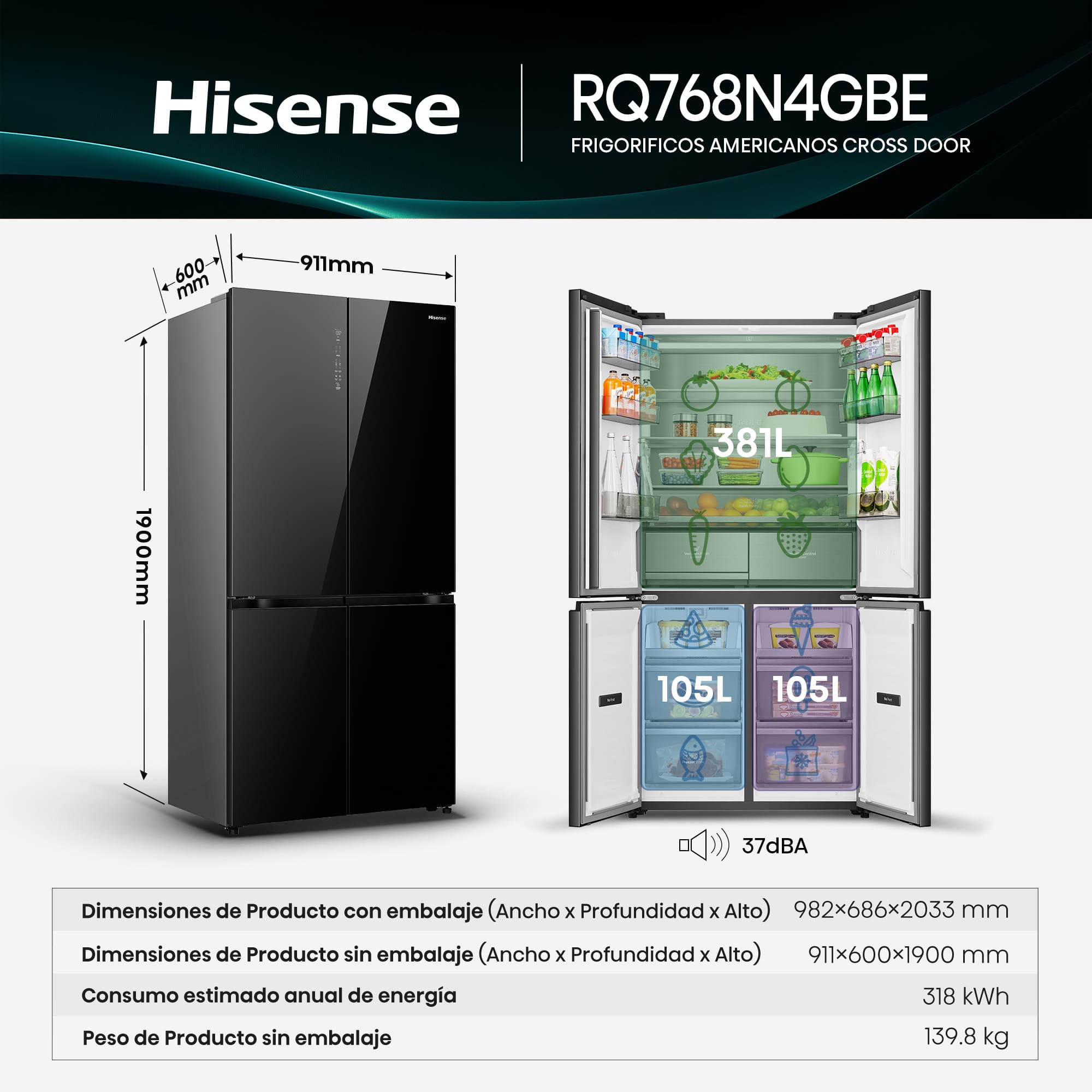 Hisense - RQ768N4GBE – Americano 4 Puertas De Libre Instalación Kitchen Fit, Clase E, Capacidad 591L, Color Cristal Negro