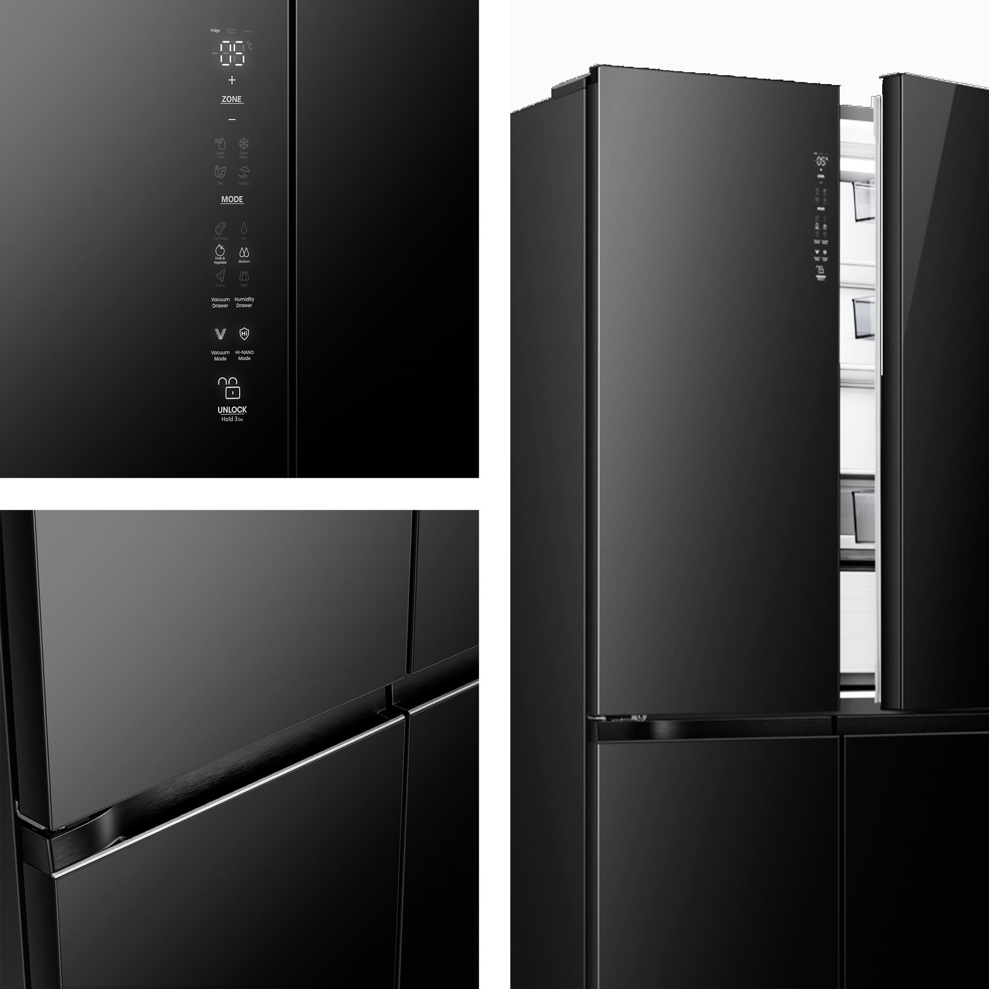 Hisense - RQ768N4GBE – Americano 4 Puertas De Libre Instalación Kitchen Fit, Clase E, Capacidad 591L, Color Cristal Negro
