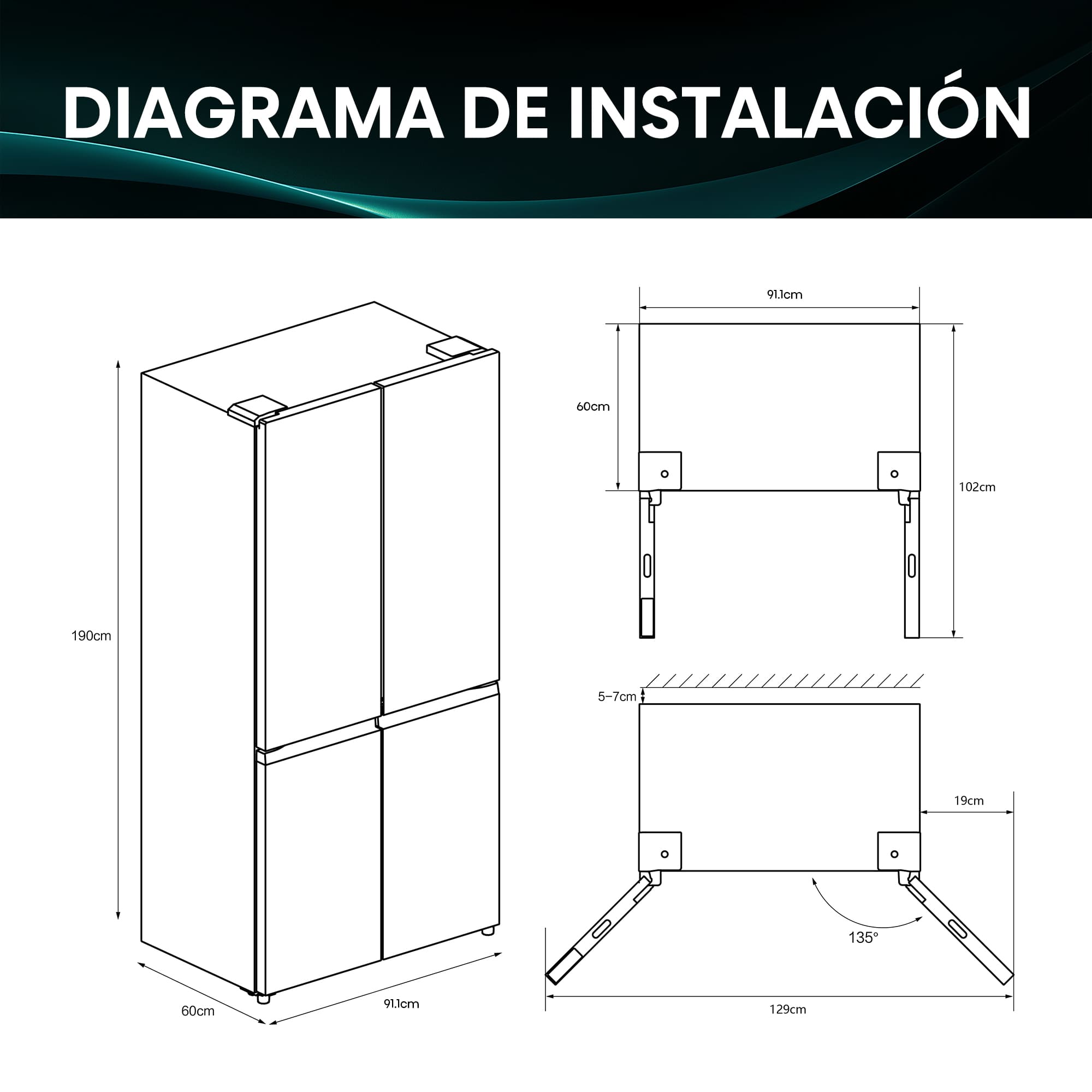 Hisense - RQ768N4GBE – Americano 4 Puertas De Libre Instalación Kitchen Fit, Clase E, Capacidad 591L, Color Cristal Negro