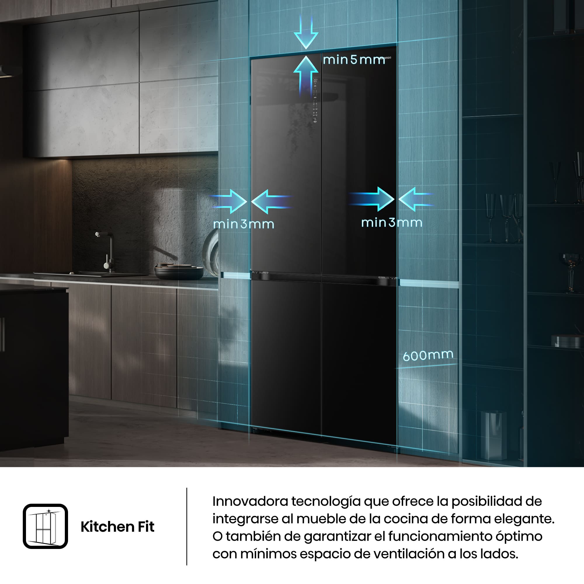 Hisense - RQ768N4GBE – Americano 4 Puertas De Libre Instalación Kitchen Fit, Clase E, Capacidad 591L, Color Cristal Negro