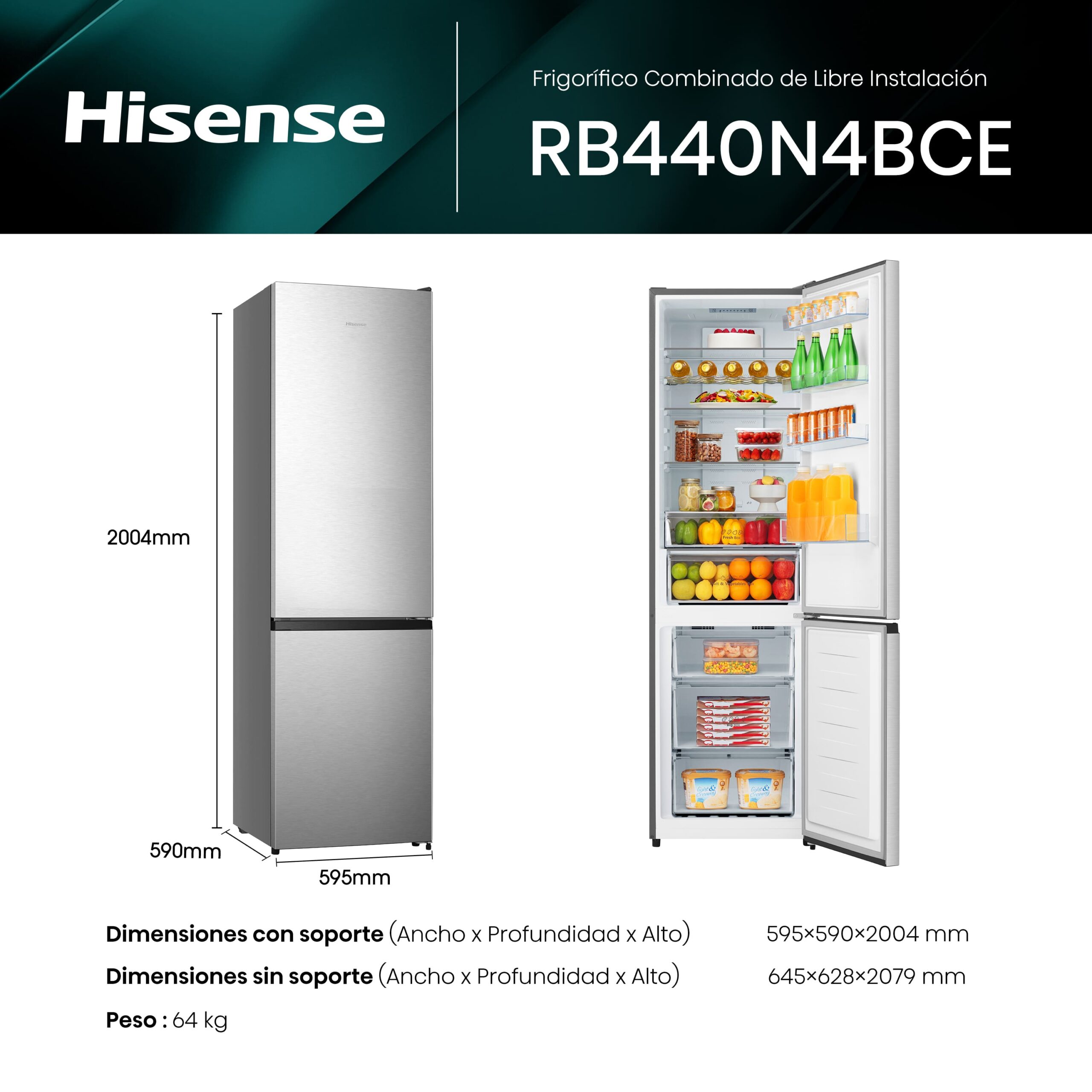 Hisense - RB440N4BCE – Frigorífico Combi 2 Puertas, Clase E , 336L, Inox