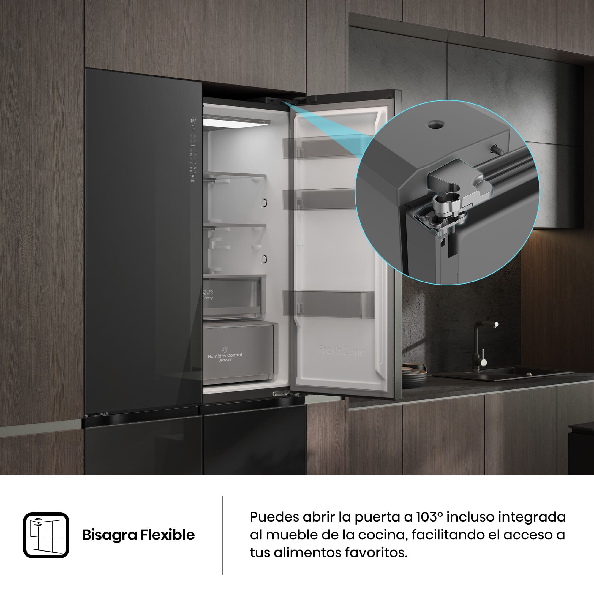 Hisense - RQ768N4GBE – Americano 4 Puertas De Libre Instalación Kitchen Fit, Clase E, Capacidad 591L, Color Cristal Negro