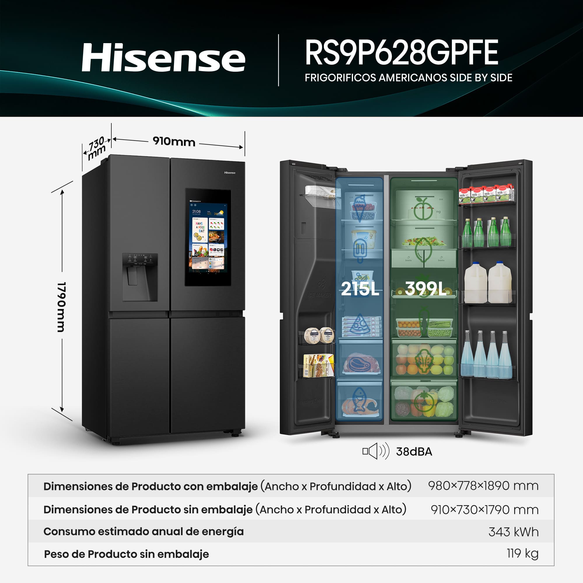 Hisense - RS9P628GPFE – Americano Side By Side De Libre Instalación, Clase E, Capacidad 614L, Color Negro