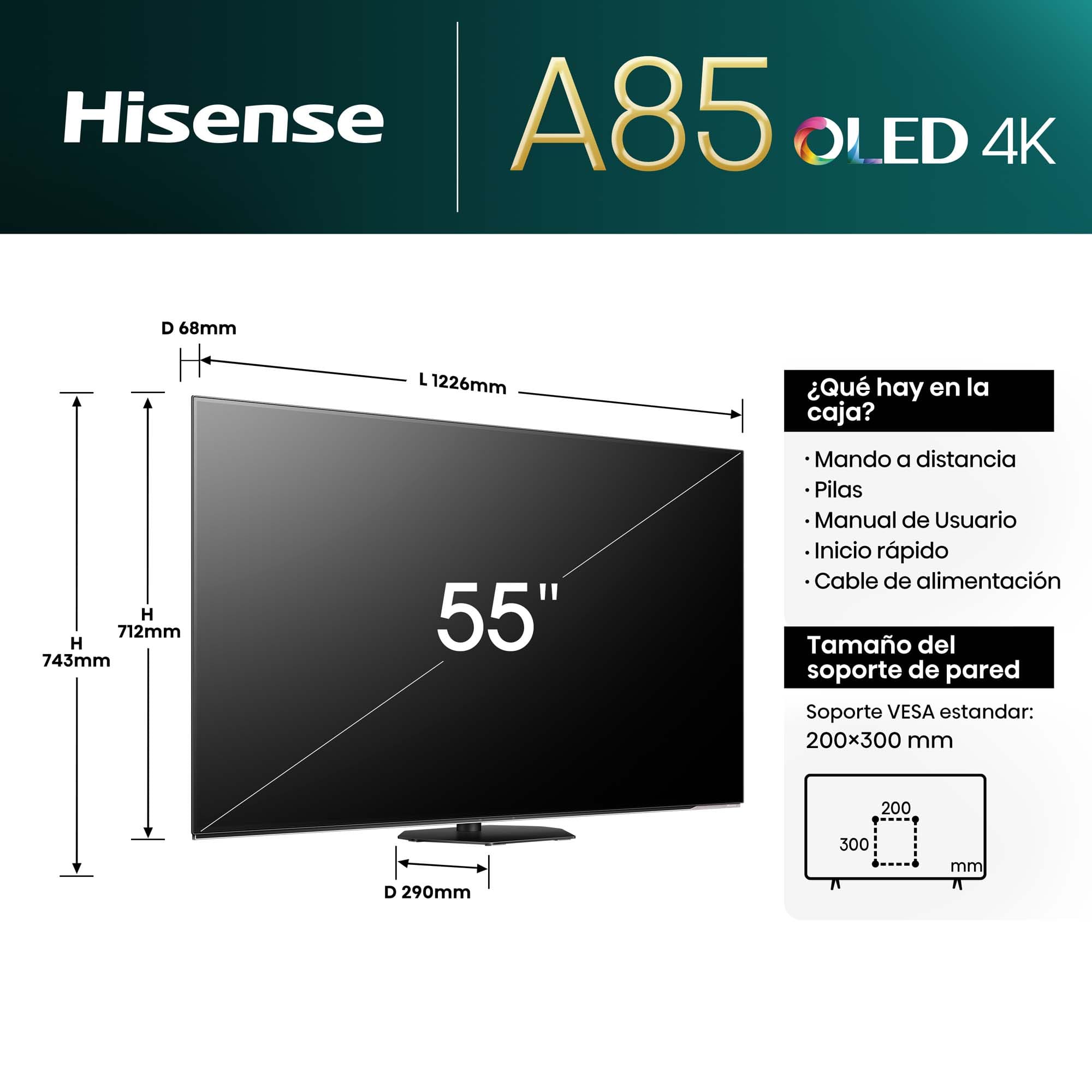 Hisense - Serie A85N OLED TV 55A85N 55 pulgadas, Negros infinitos, 120 Hz, Solución HDR total