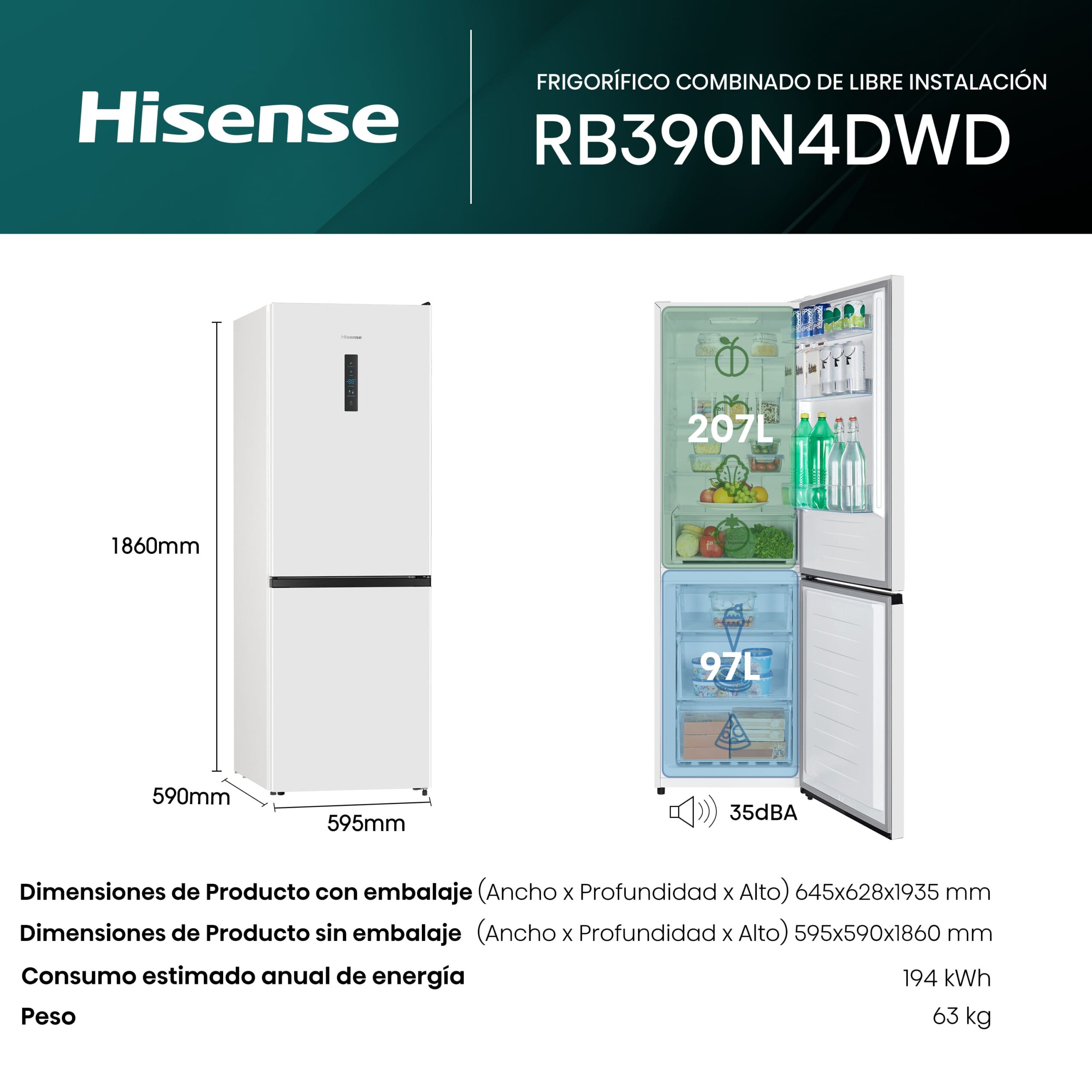 Hisense - RB390N4DWD – Frigorífico Combi 2 Puertas, Clase D , 304L, Blanco