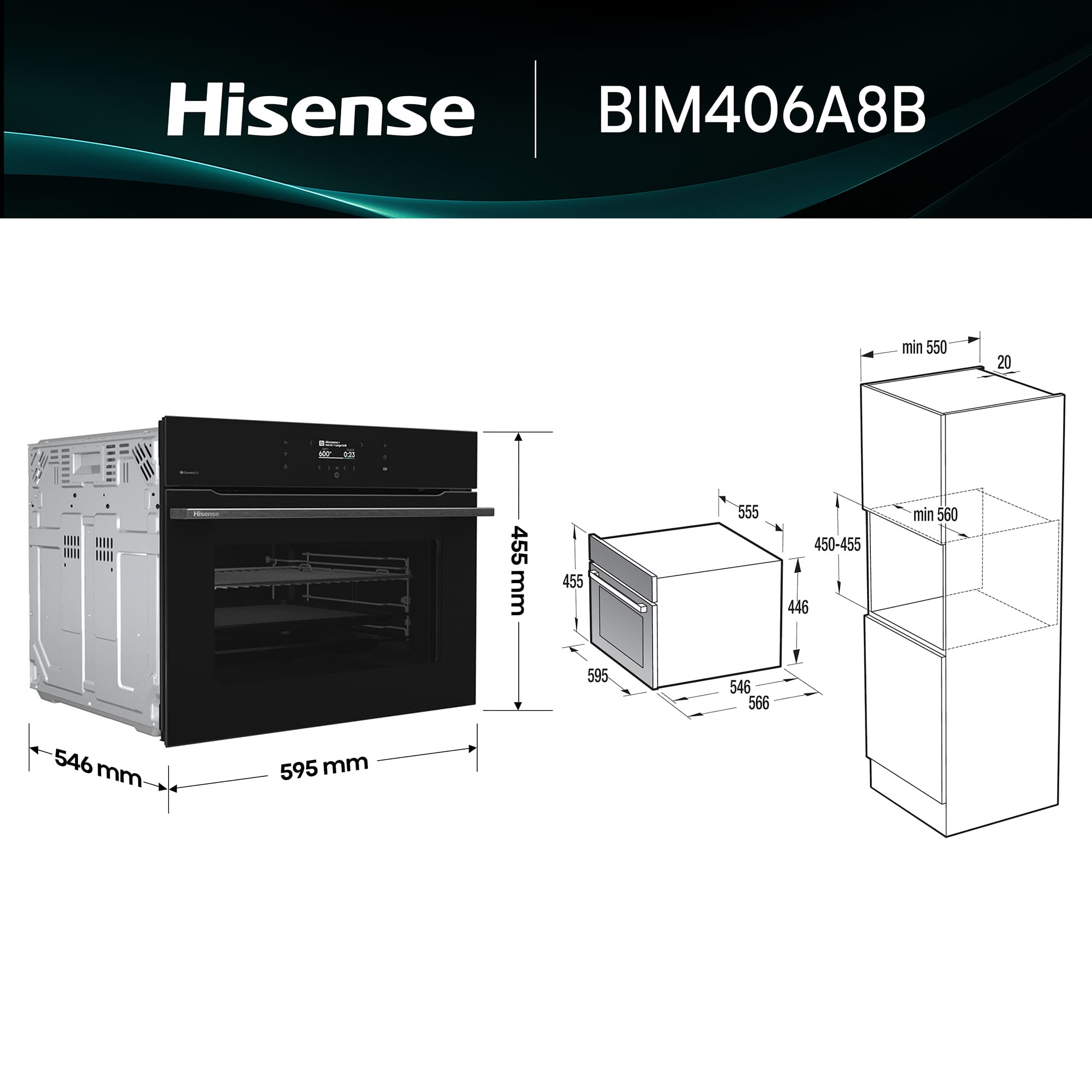 Hisense - BIM406A8B – Horno Combi MWO Integrable, Capacidad 50L, Color Cristal Negro