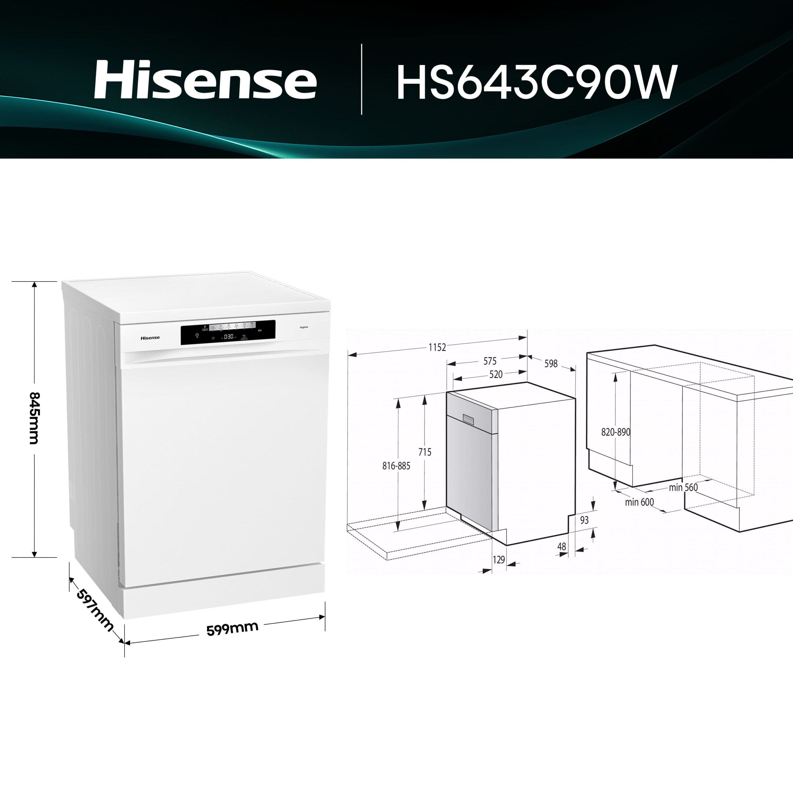 Hisense - HS643C90W – Lavavajillas 60Cm de Libre Instalación, Clase C, Capacidad 16 servicios, Color Blanco