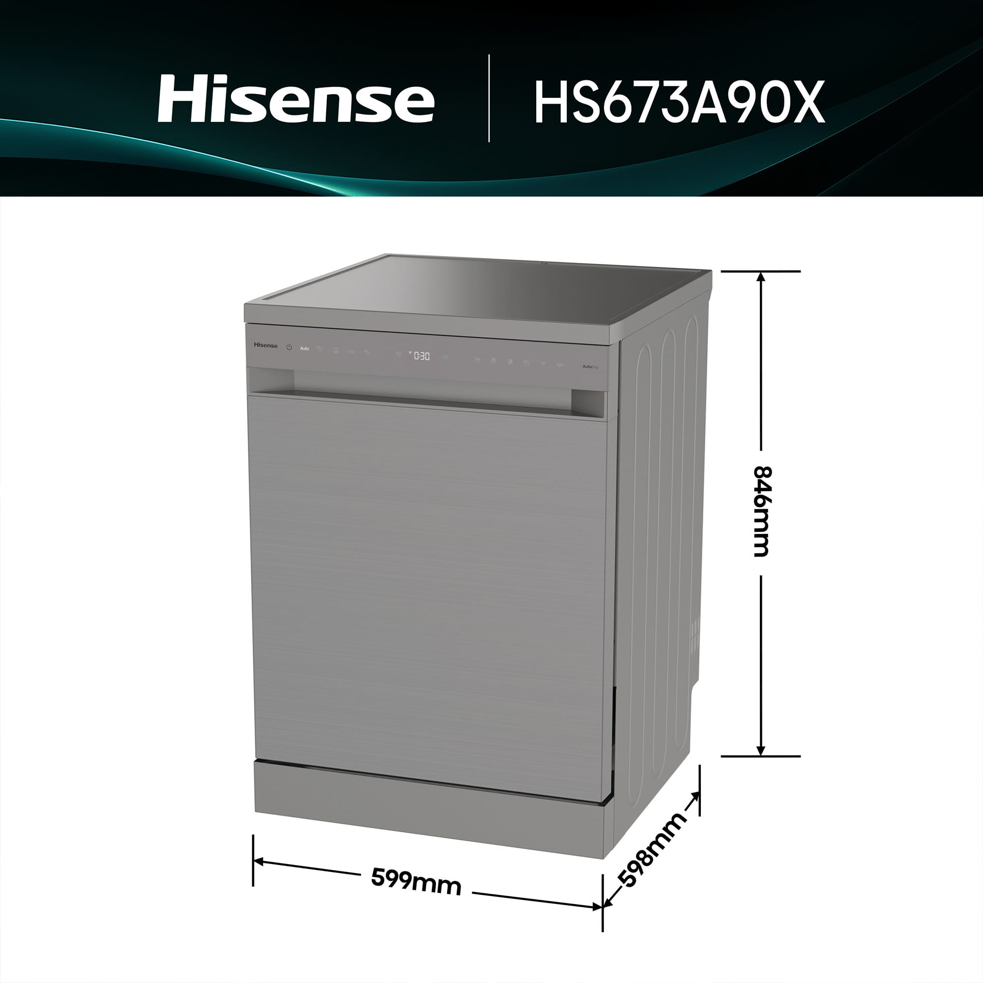 Hisense - HS673A90X – Lavavajillas 60cm de Libre Instalación, Clase A, Capacidad 16 Serv, Color Inox