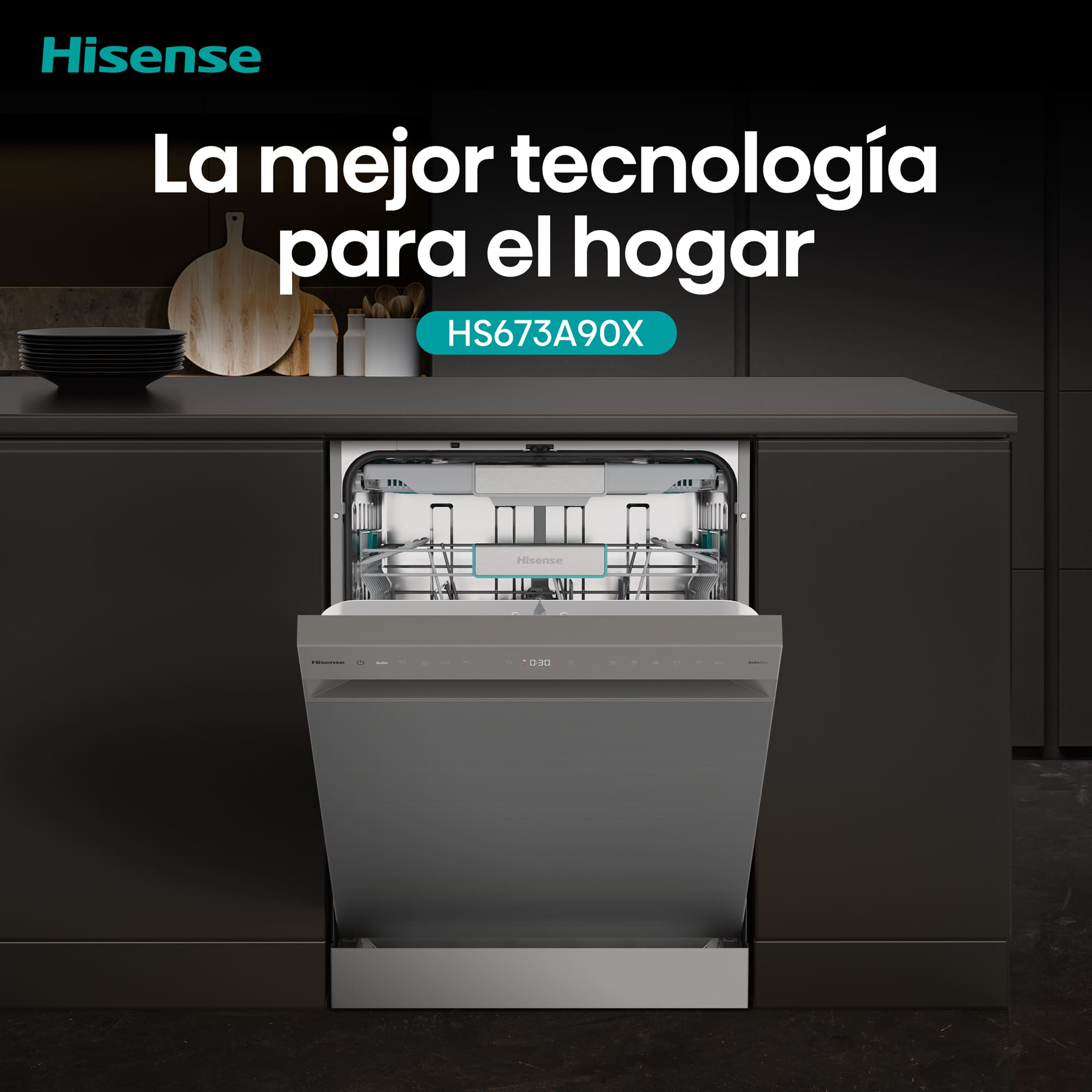 Hisense - HS673A90X – Lavavajillas 60cm de Libre Instalación, Clase A, Capacidad 16 Serv, Color Inox