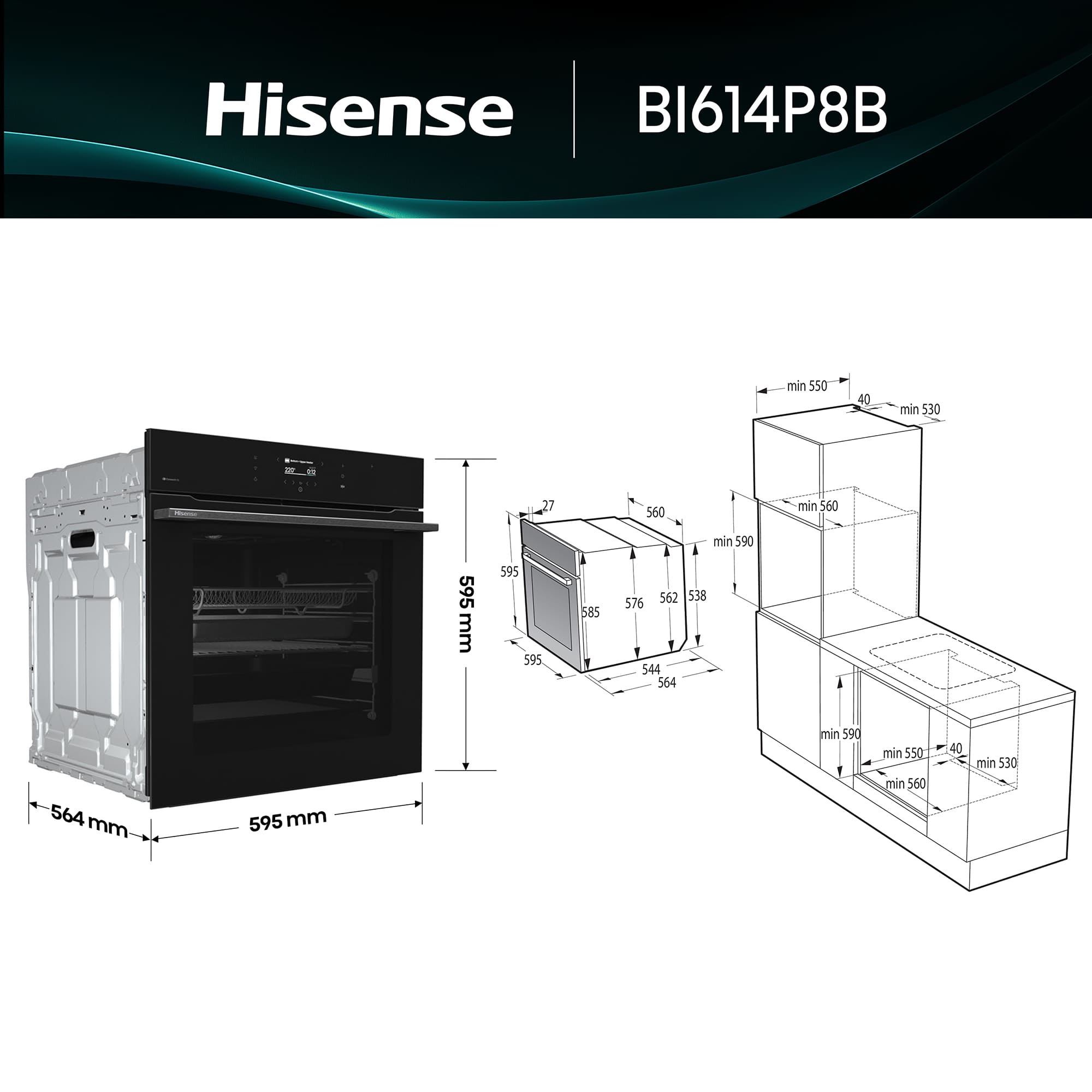 Hisense - BI614P8B – Horno Pirolitico, Clase A+ , Capacidad 77L, Color Negro
