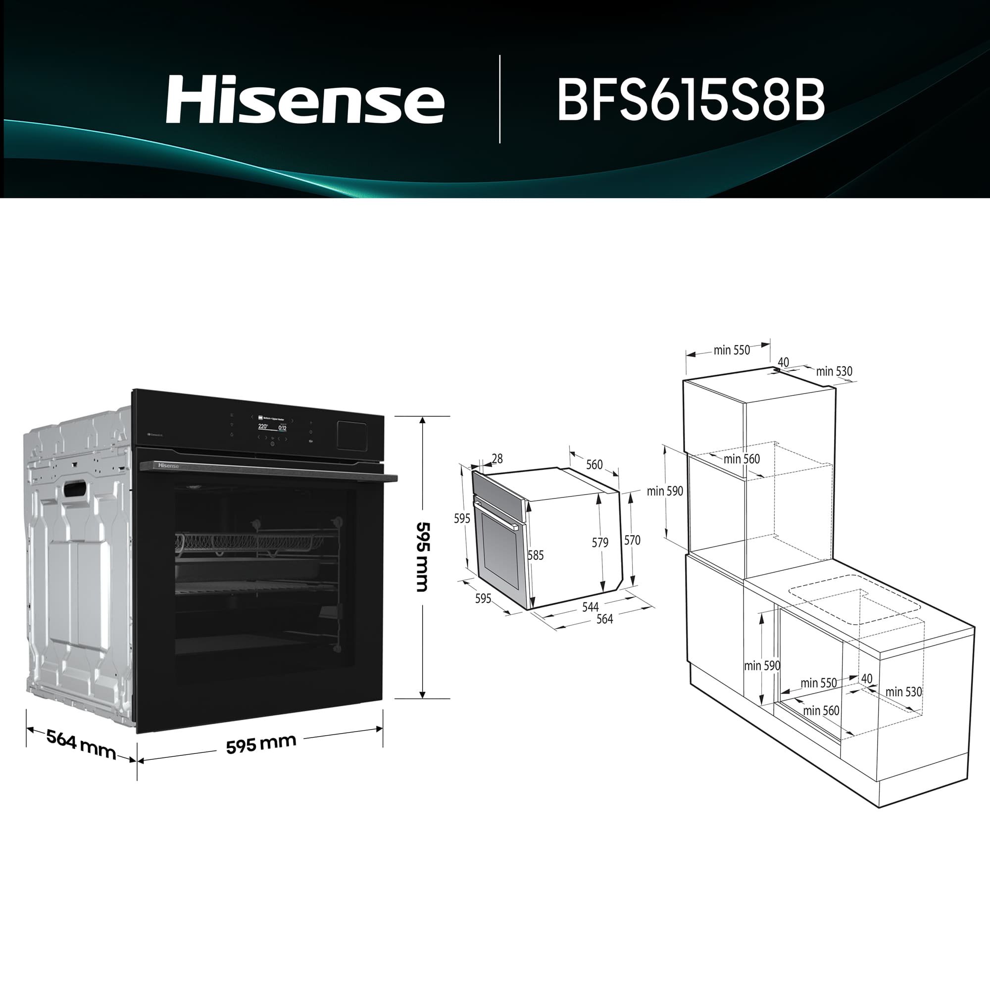 Hisense - BFS615S8B – Horno 100% Vapor con Cocción 100% Vapor (Dep. Agua), Clase A+ , Capacidad 77L, Color Negro