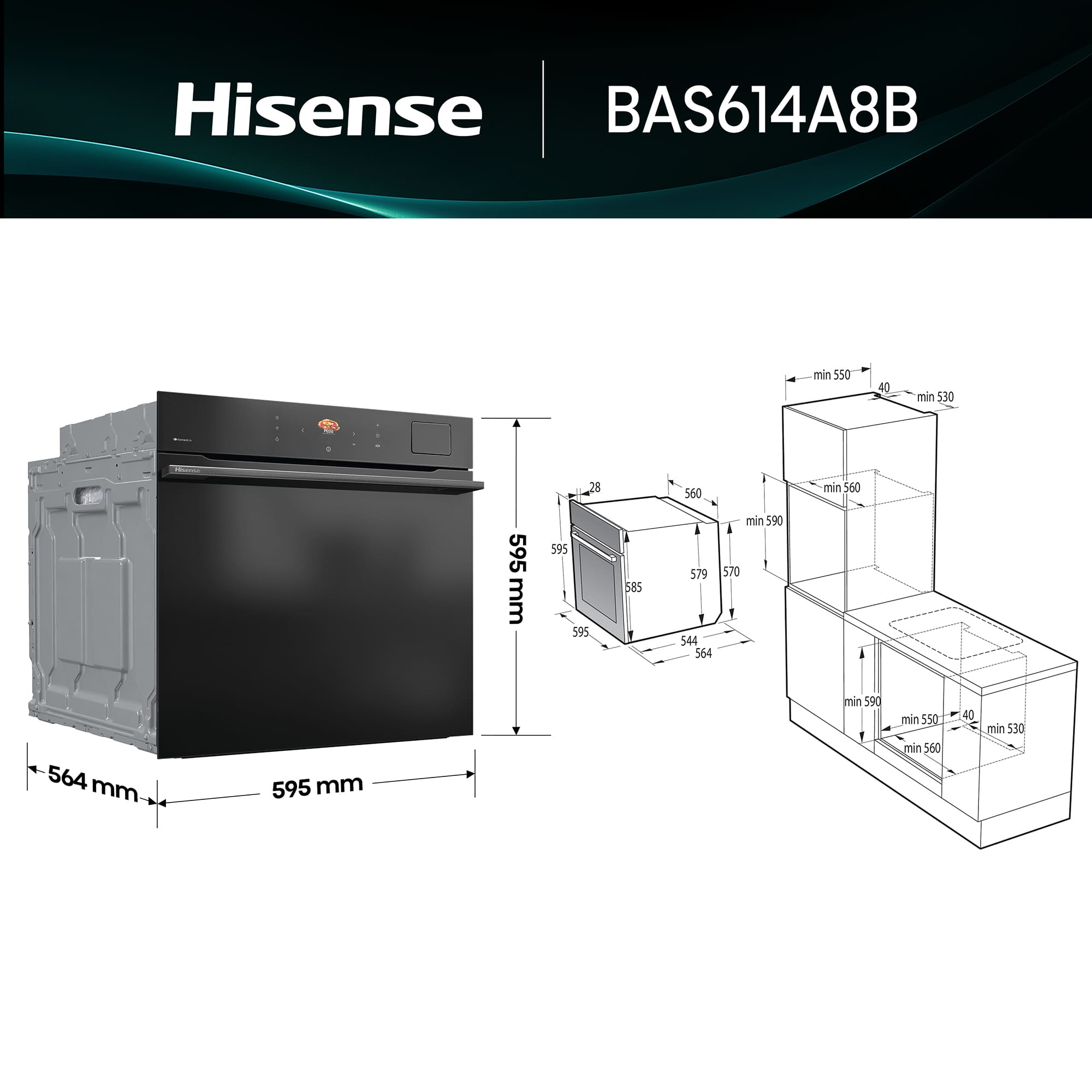 Hisense - BAS614A8B​ – Horno Hidrolítico con Cocción Vapor (Dep. Agua), Clase A+ , Capacidad 77L, Color Negro