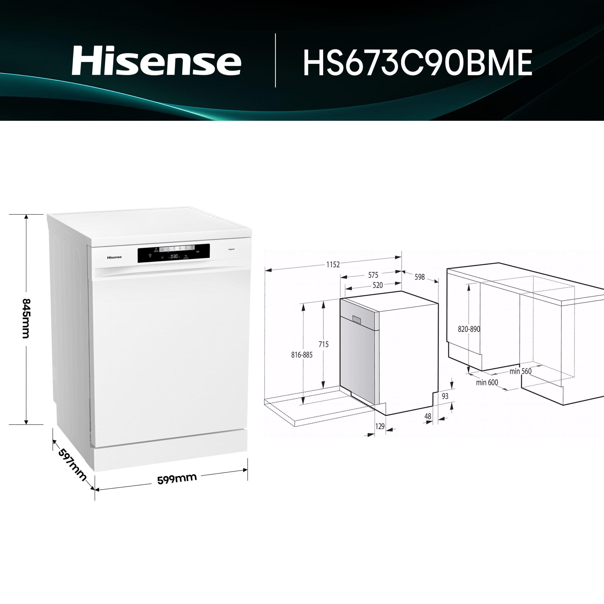 Hisense - HS643C90W – Lavavajillas 60Cm de Libre Instalación, Clase C , Capacidad 16 servicios, Color Blanco