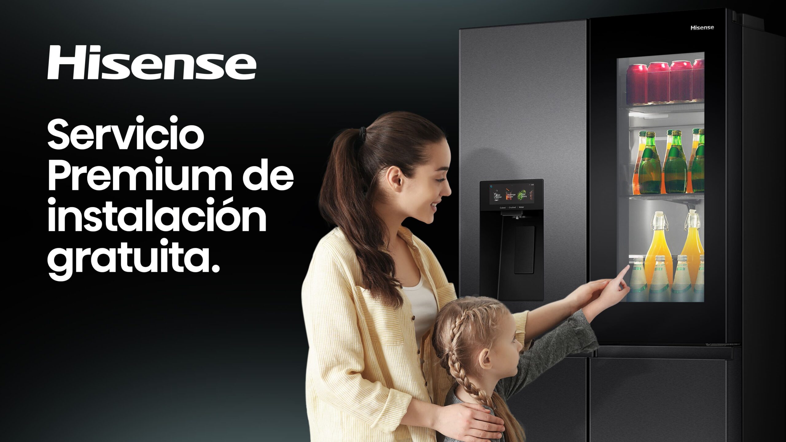 Banner versión para ordenador de la promoción Hisense Servicio Premium Frigorífico Americano con toma de agua