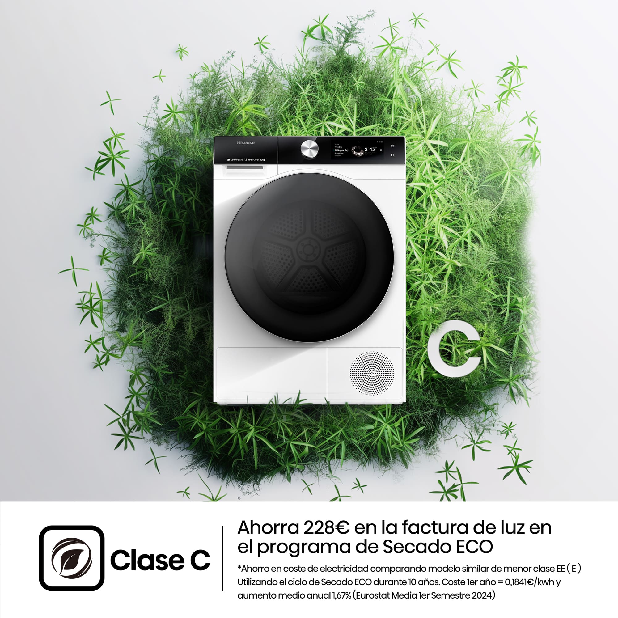 Hisense - DH7S107BW – Secadora inteligente, Clase C, 10 Kg, Blanco