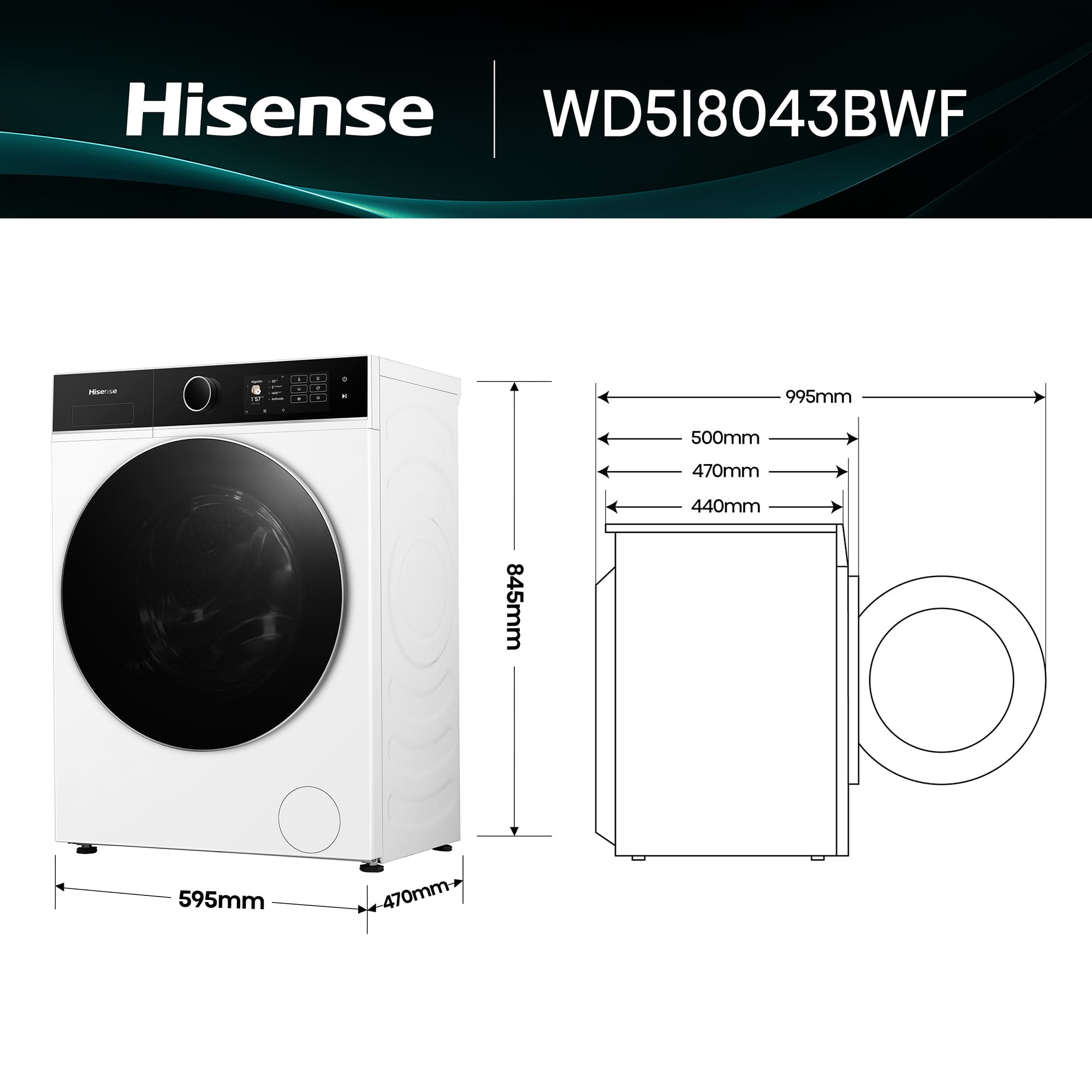 Hisense - WD5I8043BWF – Lavasecadora De Libre Instalación, A-30%  (ECO 40-60ºC), 8 kg/5 kg , 1400 rpm, Blanco