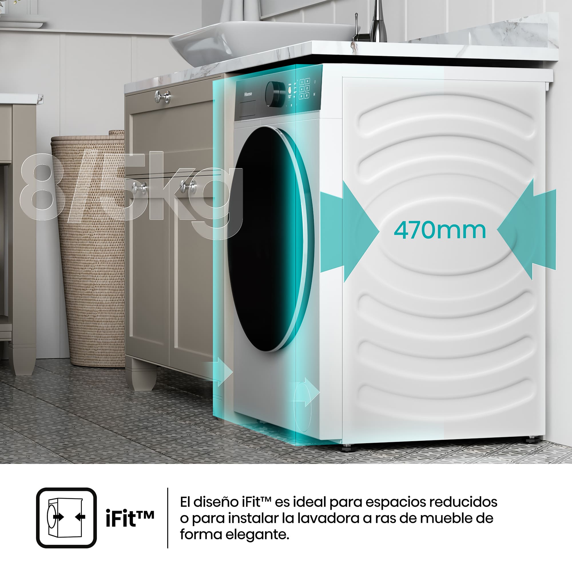 Hisense - WD5I8043BWF – Lavasecadora De Libre Instalación, A-30%  (ECO 40-60ºC), 8 kg/5 kg , 1400 rpm, Blanco
