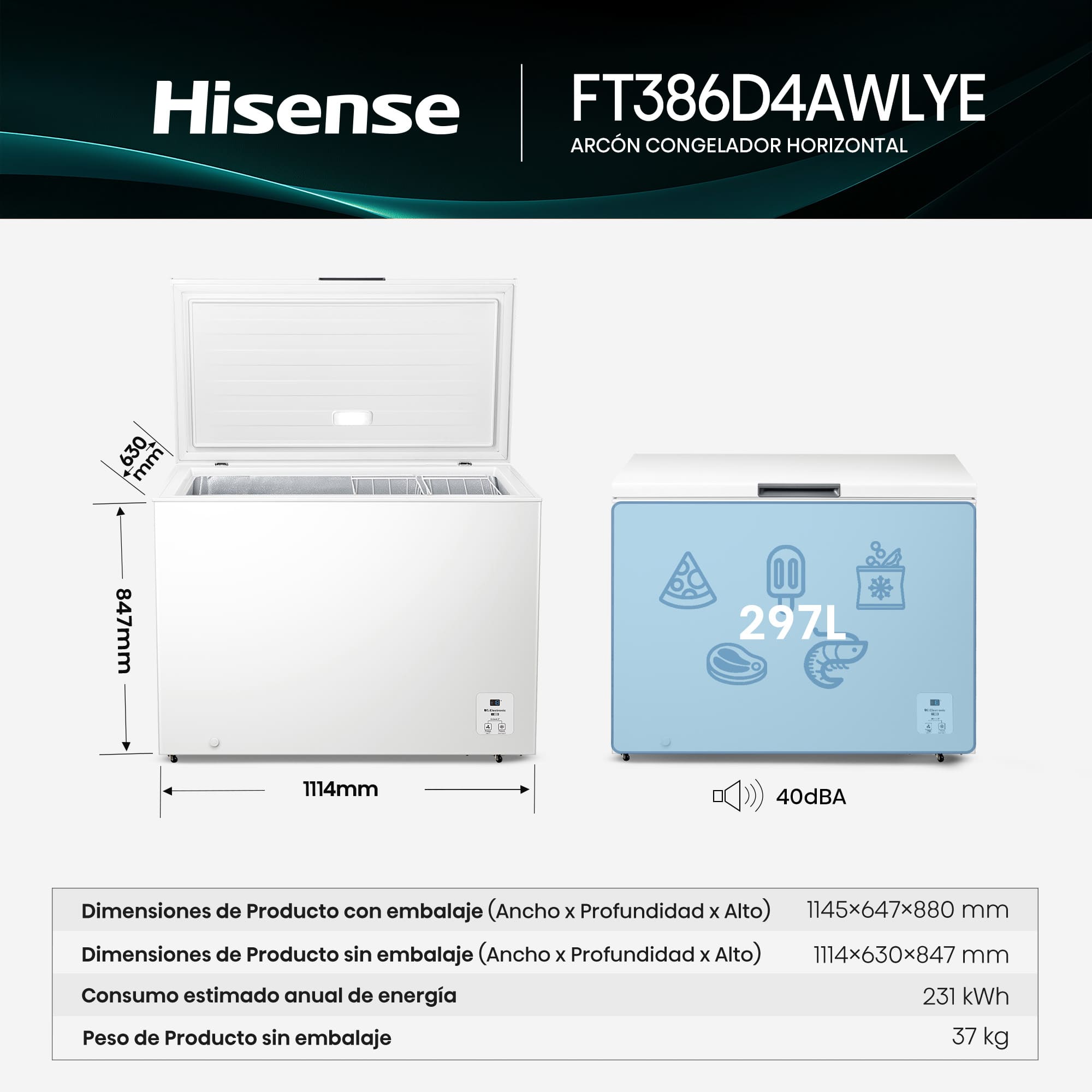 Hisense - FT386D4AWLYE – Arcón Congelador, Clase E, 297L, Blanco
