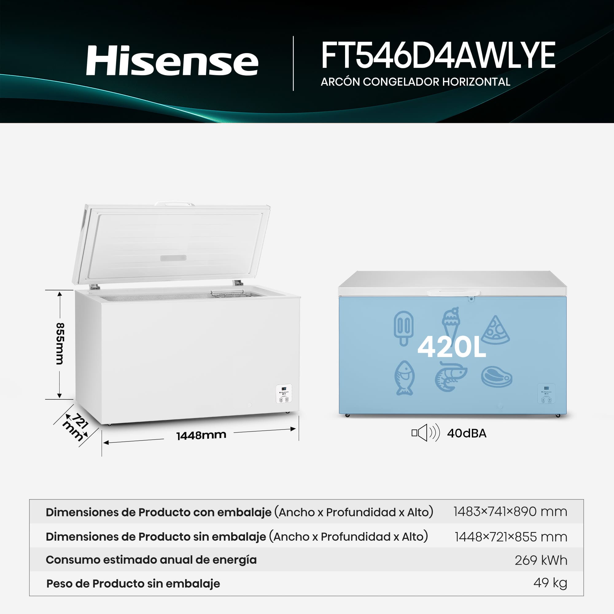 Hisense - FT546D4AWLYE – Arcón Congelador, Clase E , 420L, Blanco