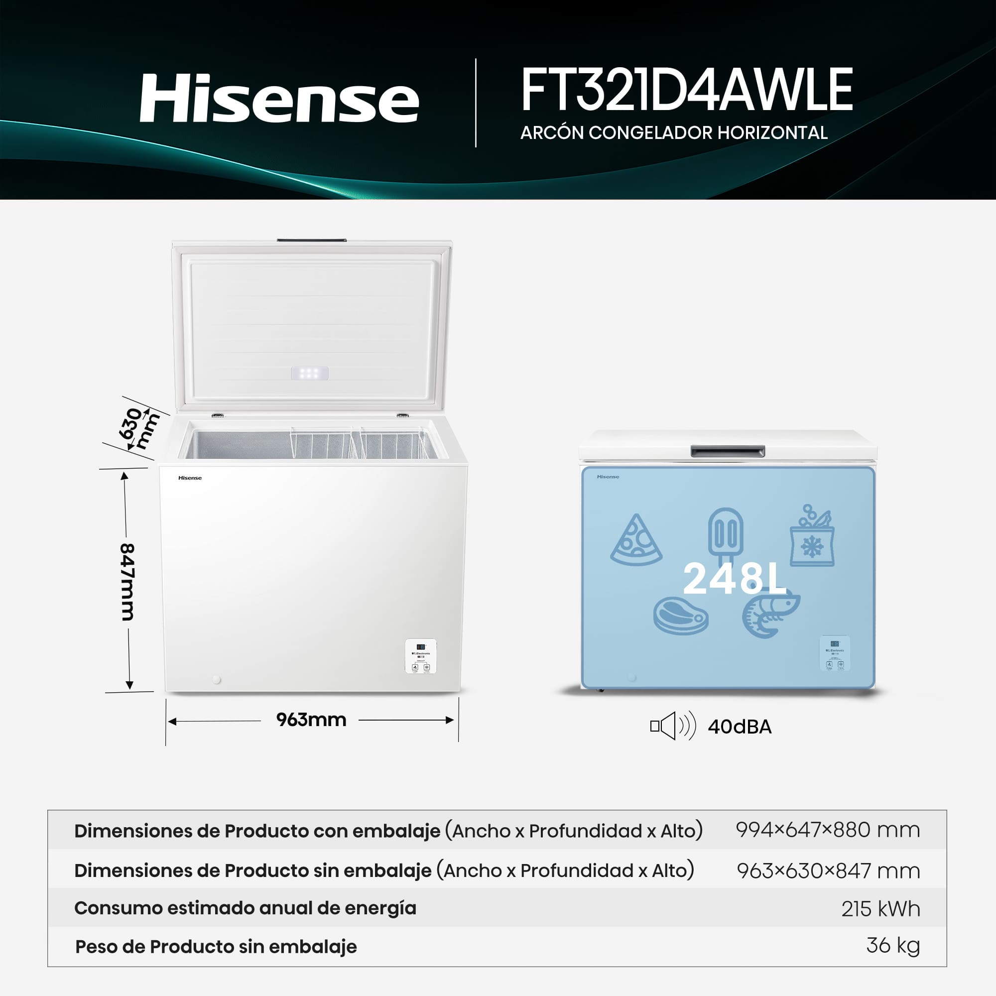 Hisense - FT321D4AWLE – Arcón Congelador, Clase E, 248L, Blanco
