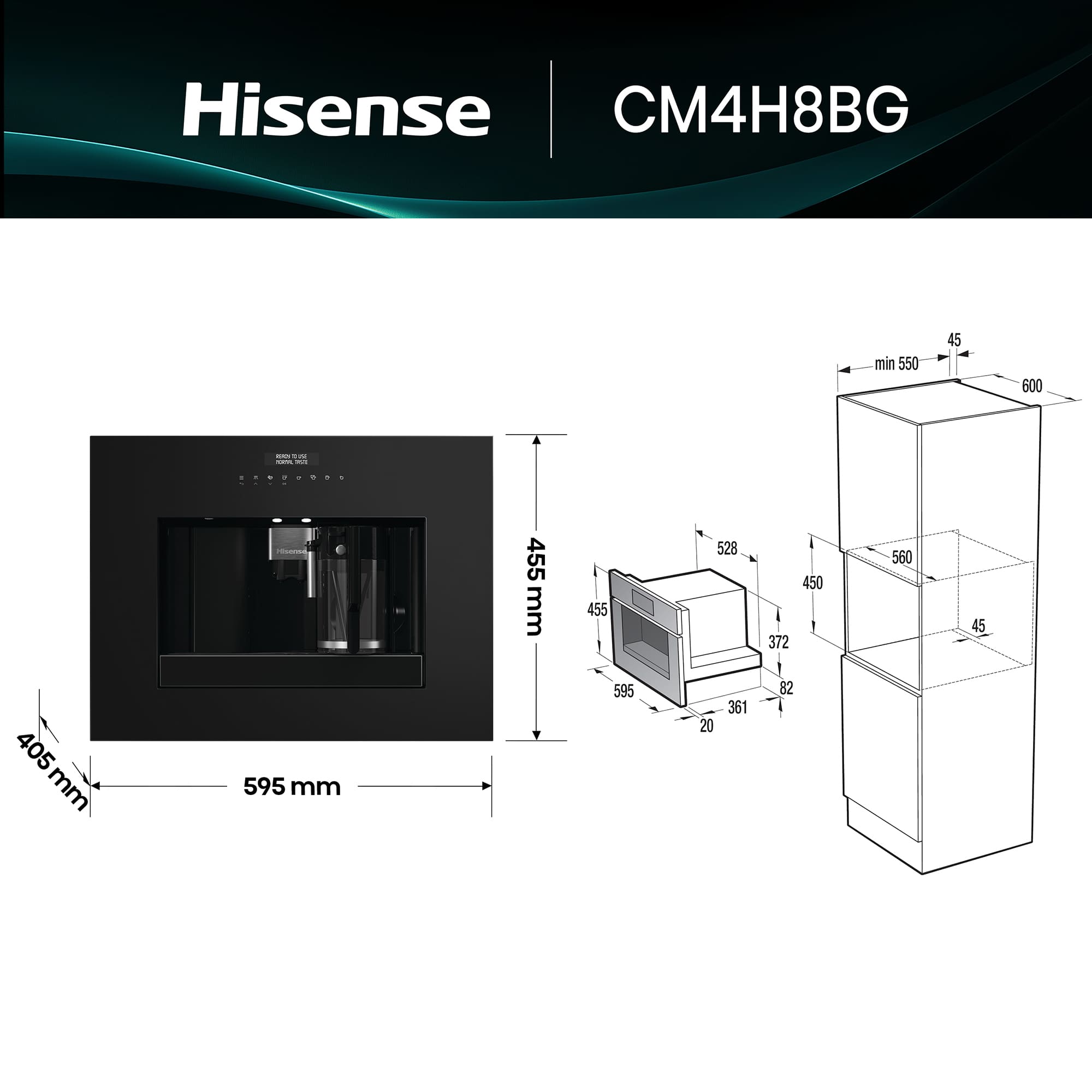 Hisense - CM4H8BG – Cafetera Automática De Integración, Capacidad 1,8 l, Color Negro