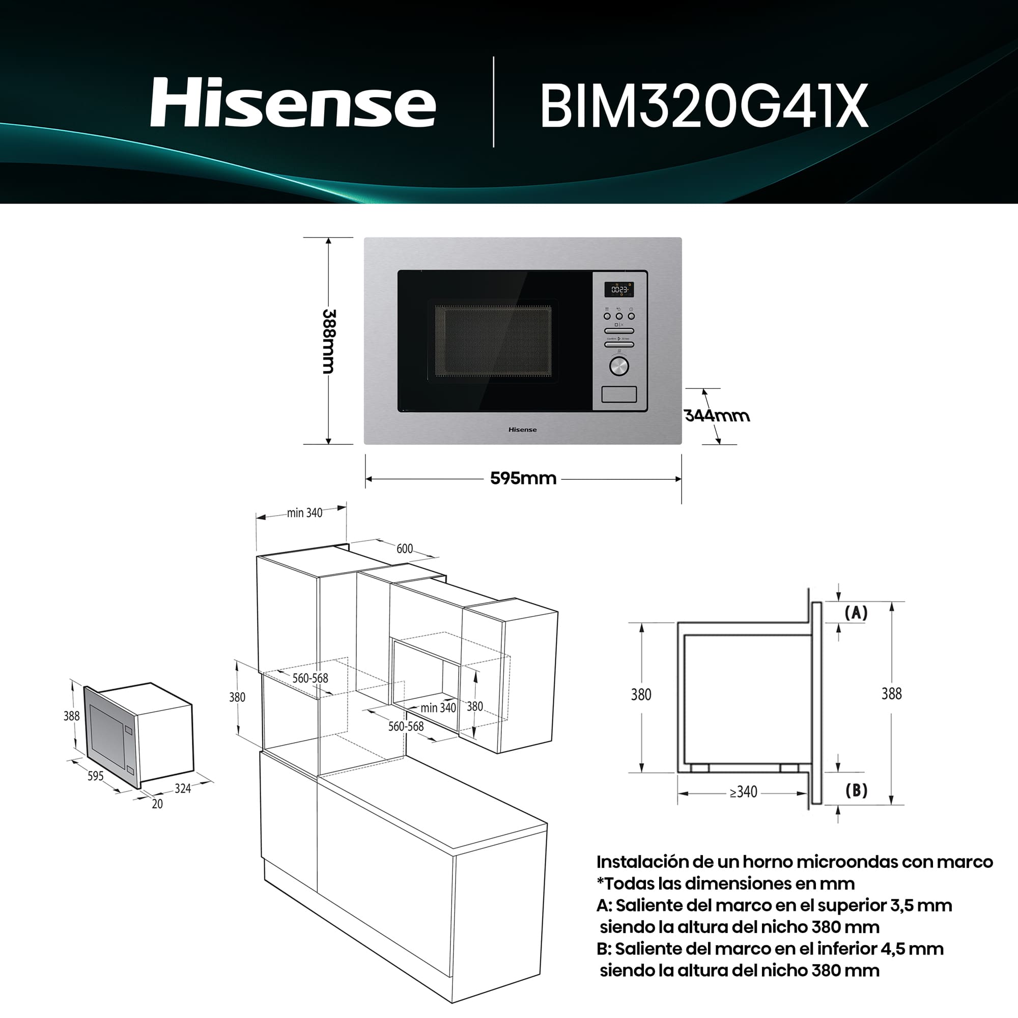 Hisense - BIM320G41X – Microondas de Integración, Capacidad 20L, Color Inox