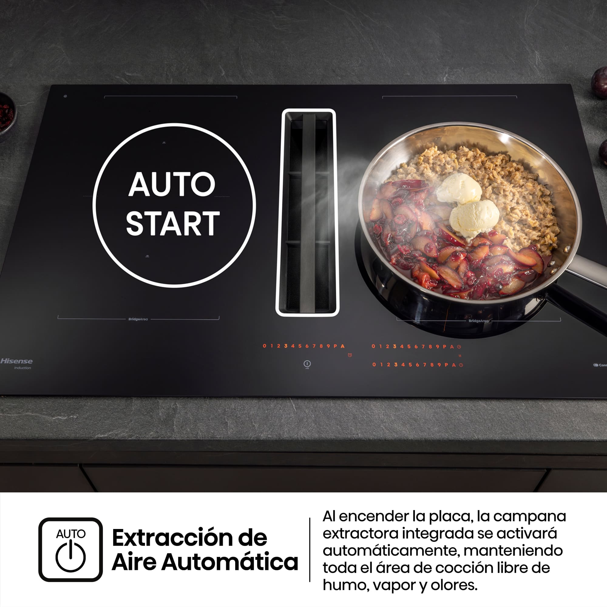 Hisense - HEH8443BSCWF – Placa Flex Con Extraccion De Aire, 4 Zonas, Capacidad 7300W, Color Negro
