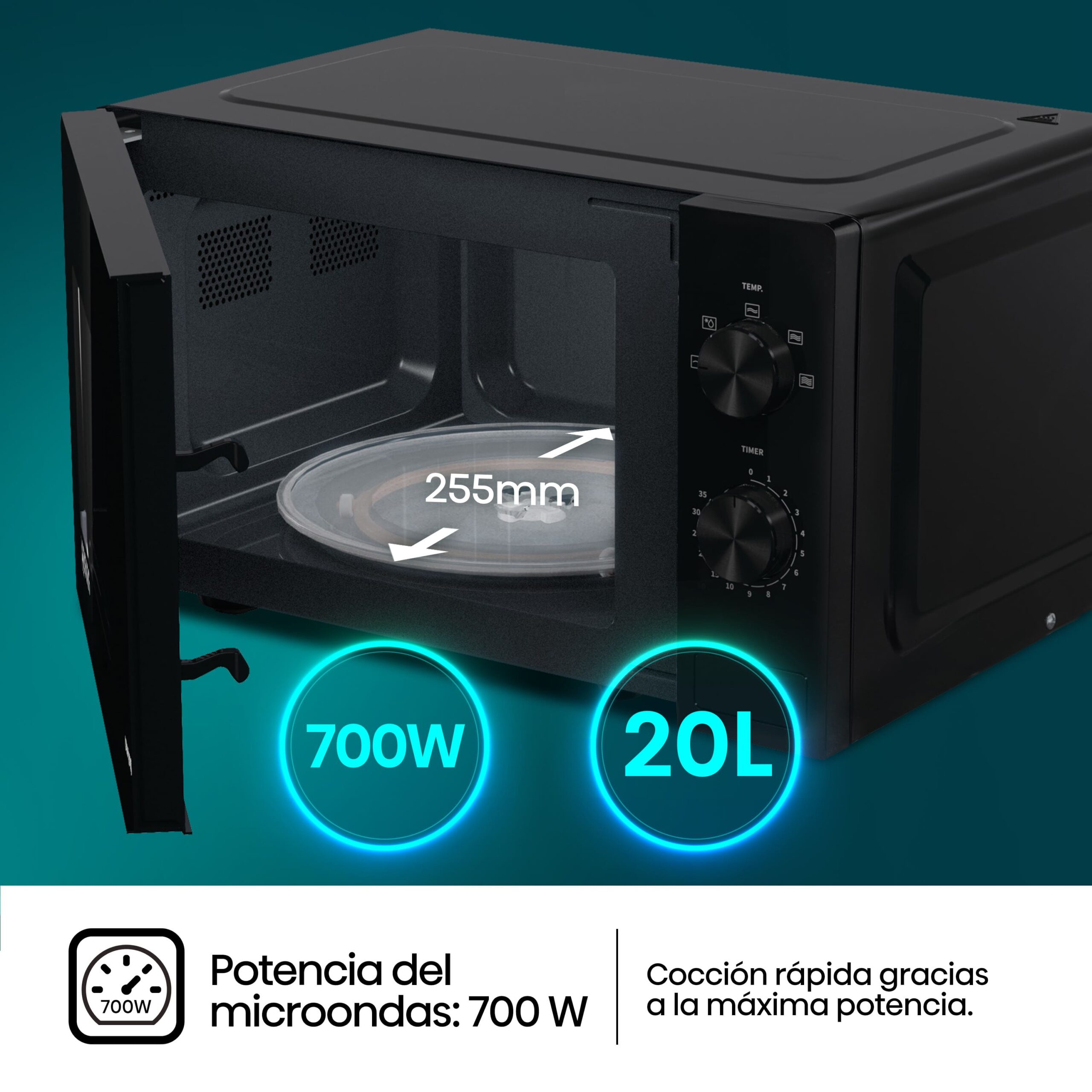 Hisense - H20MOBP1 – Microondas, 20L, Negro
