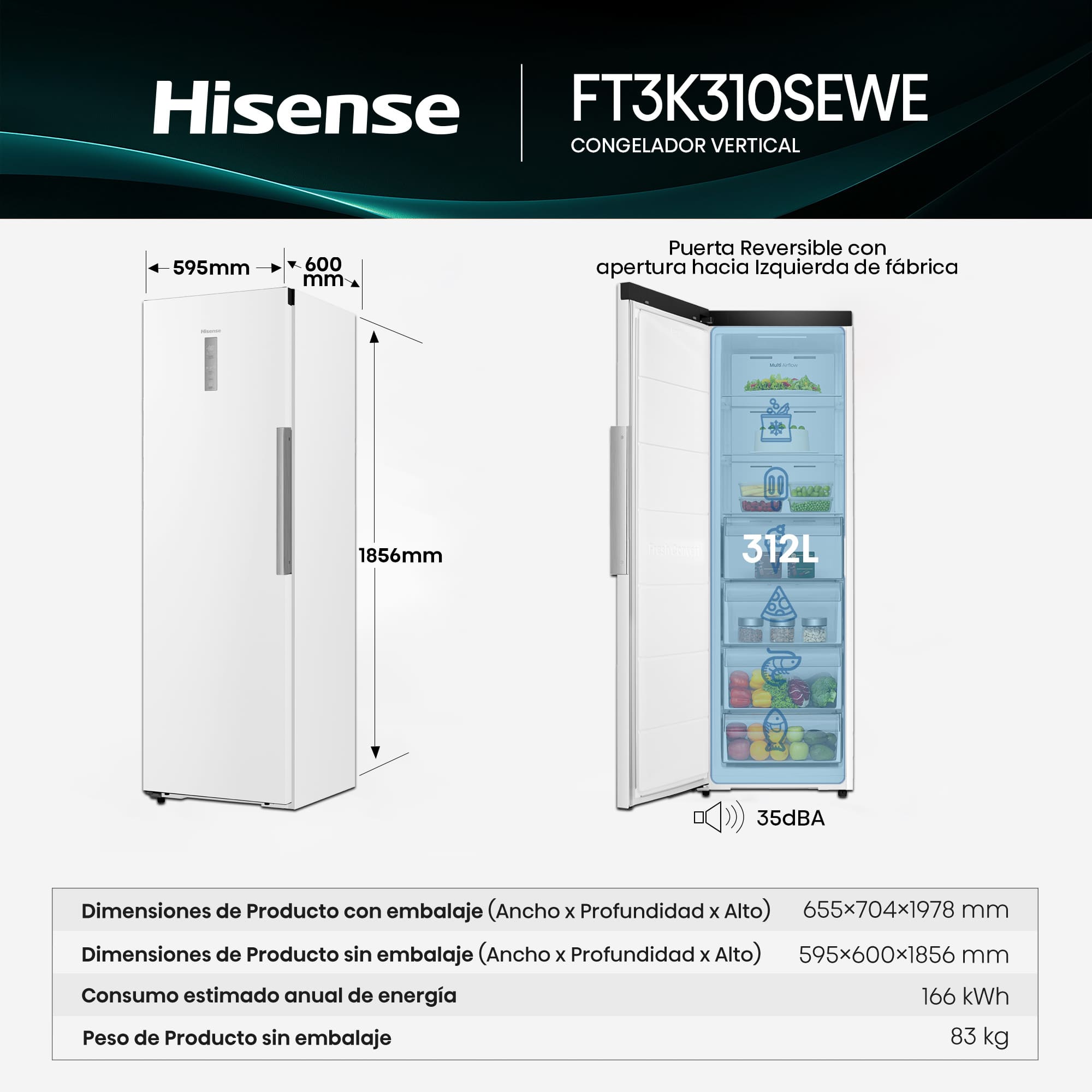 Hisense - FT3K310SEWE – Congelador 1 Puerta De Libre Instalación Kitchen Fit, Clase E, Capacidad 312L, Color Blanco
