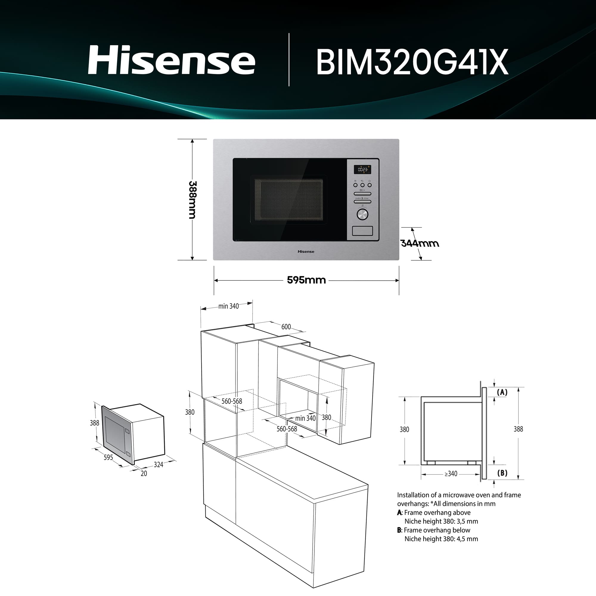 Hisense - BIM320G41X – Microondas de Integración, Capacidad 20L, Color Inox