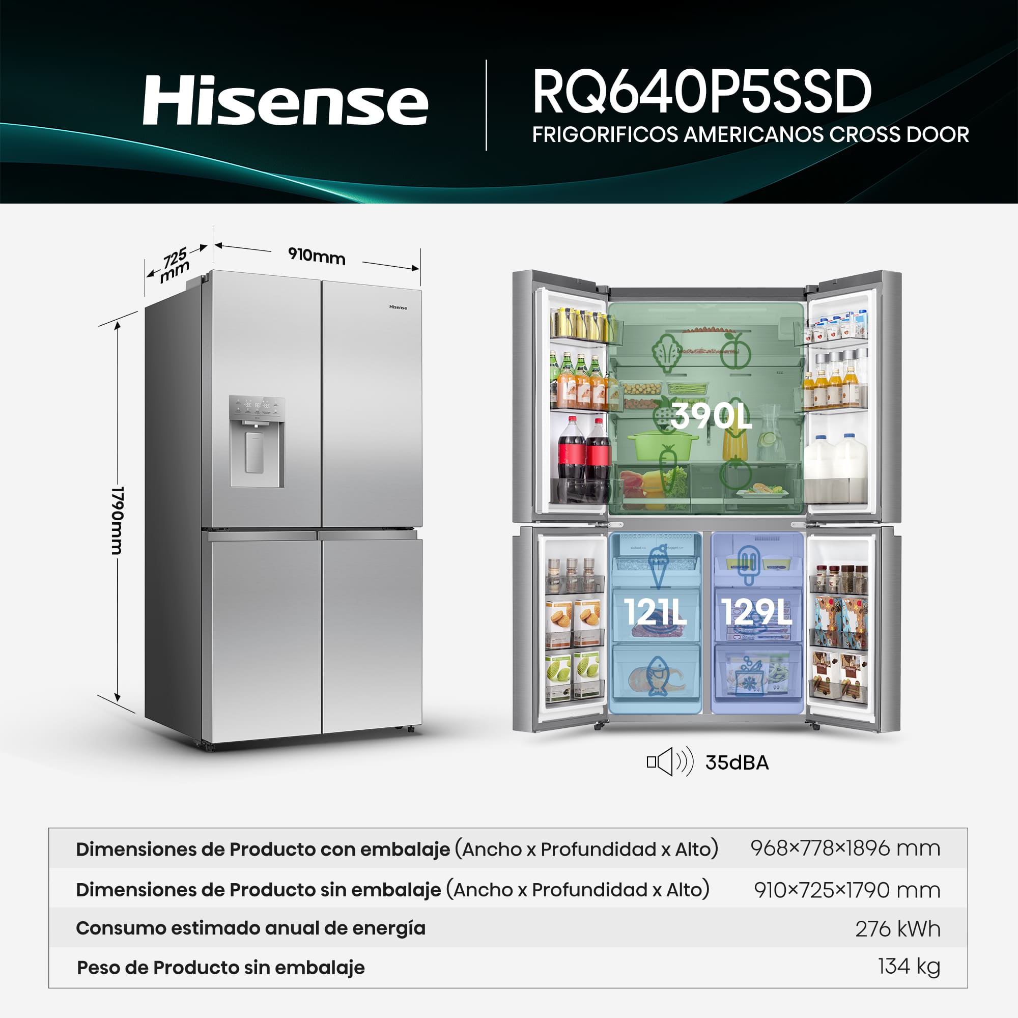 Hisense - RQ640P5SSD – Americano 4 Puertas De Libre Instalación, Clase D, Capacidad 640L, Color Inox