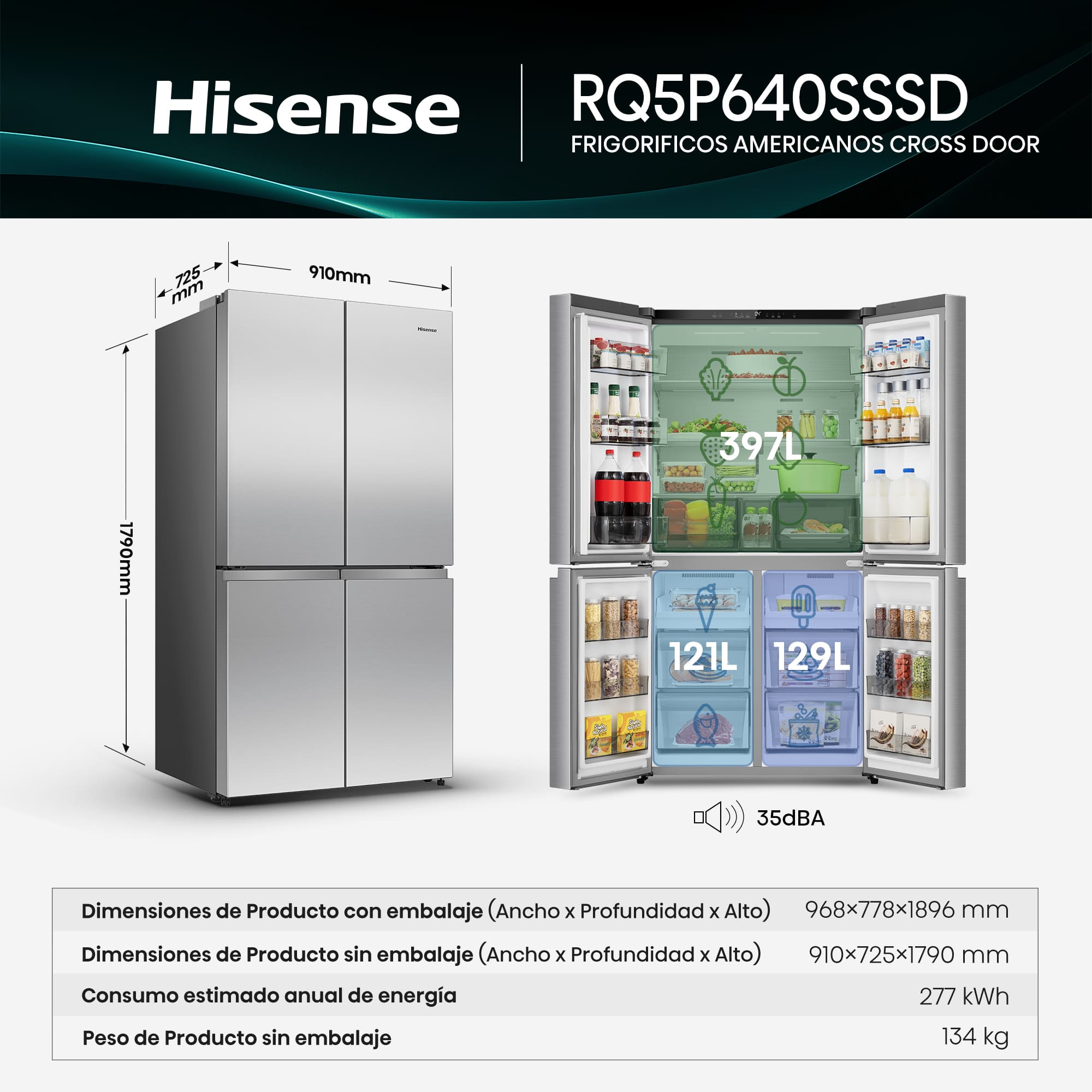 Hisense - RQ5P640SSSD – Americano 4 Puertas De Libre Instalación, Clase D, Capacidad 647L, Color Inox