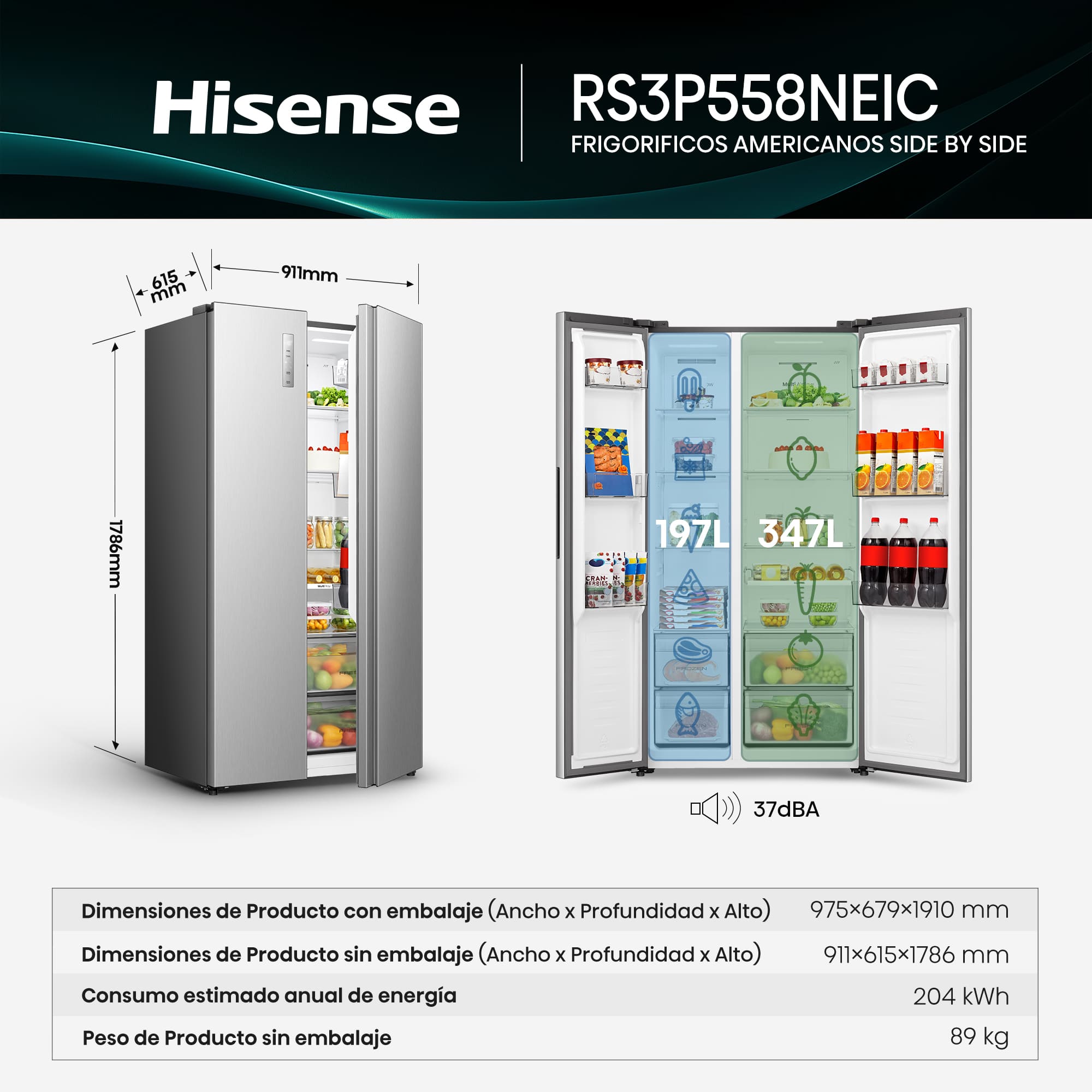 Hisense - RS3P558NEIC – Americano Side By Side De Libre Instalación, Clase C, Capacidad 544L, Color Inox