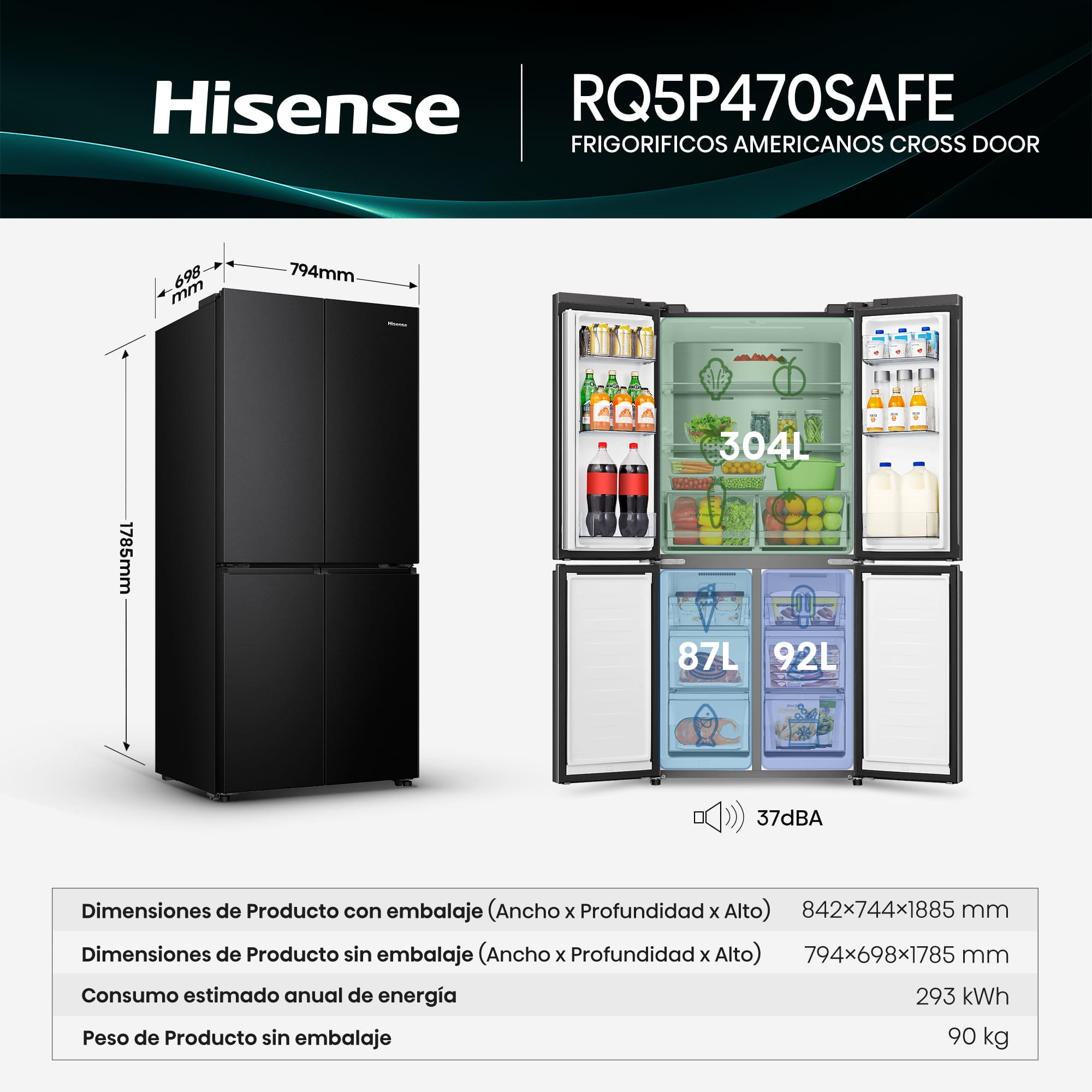 Hisense - RQ5P470SAFE – Americano 4 Puertas De Libre Instalación, Clase E, Capacidad 483L, Color Negro