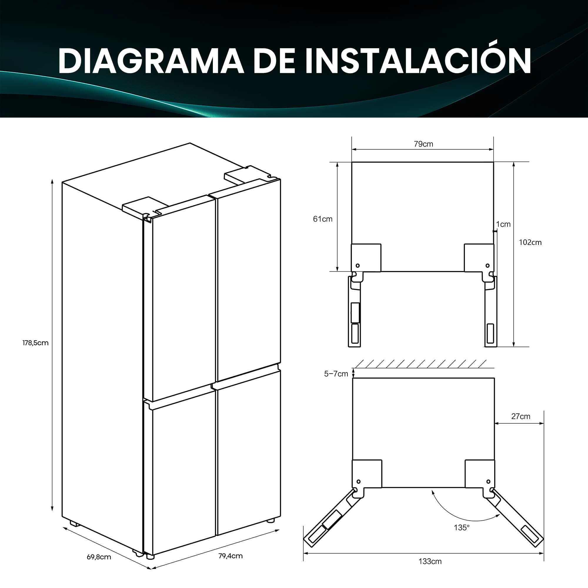 Hisense - RQ5P470SAFE – Americano 4 Puertas De Libre Instalación, Clase E, Capacidad 483L, Color Negro