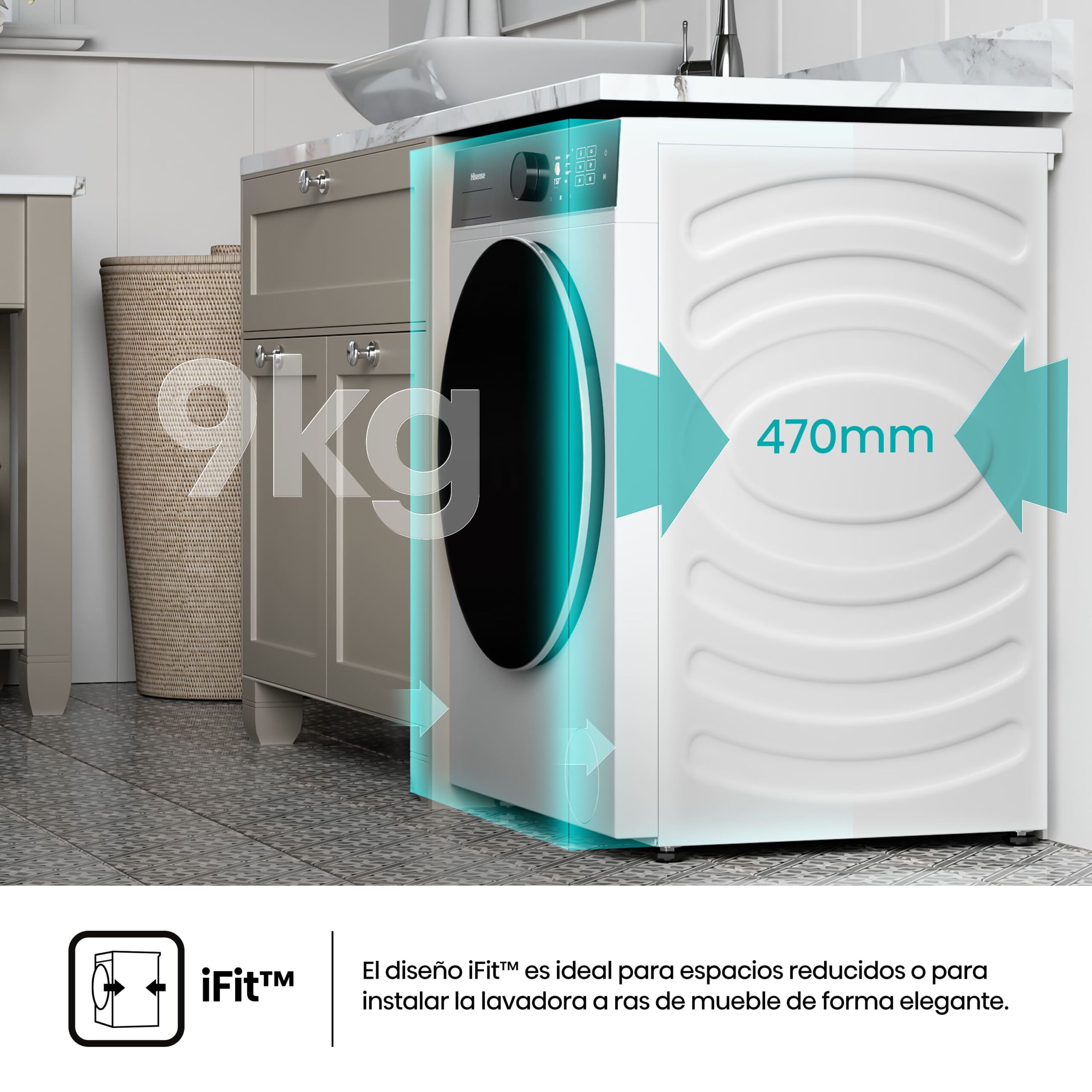 Hisense - WF5I9043BWFS – Lavadora De Libre Instalación, A-10% (ECO 40-60ºC), 9 kg, 1400 rpm, Blanco