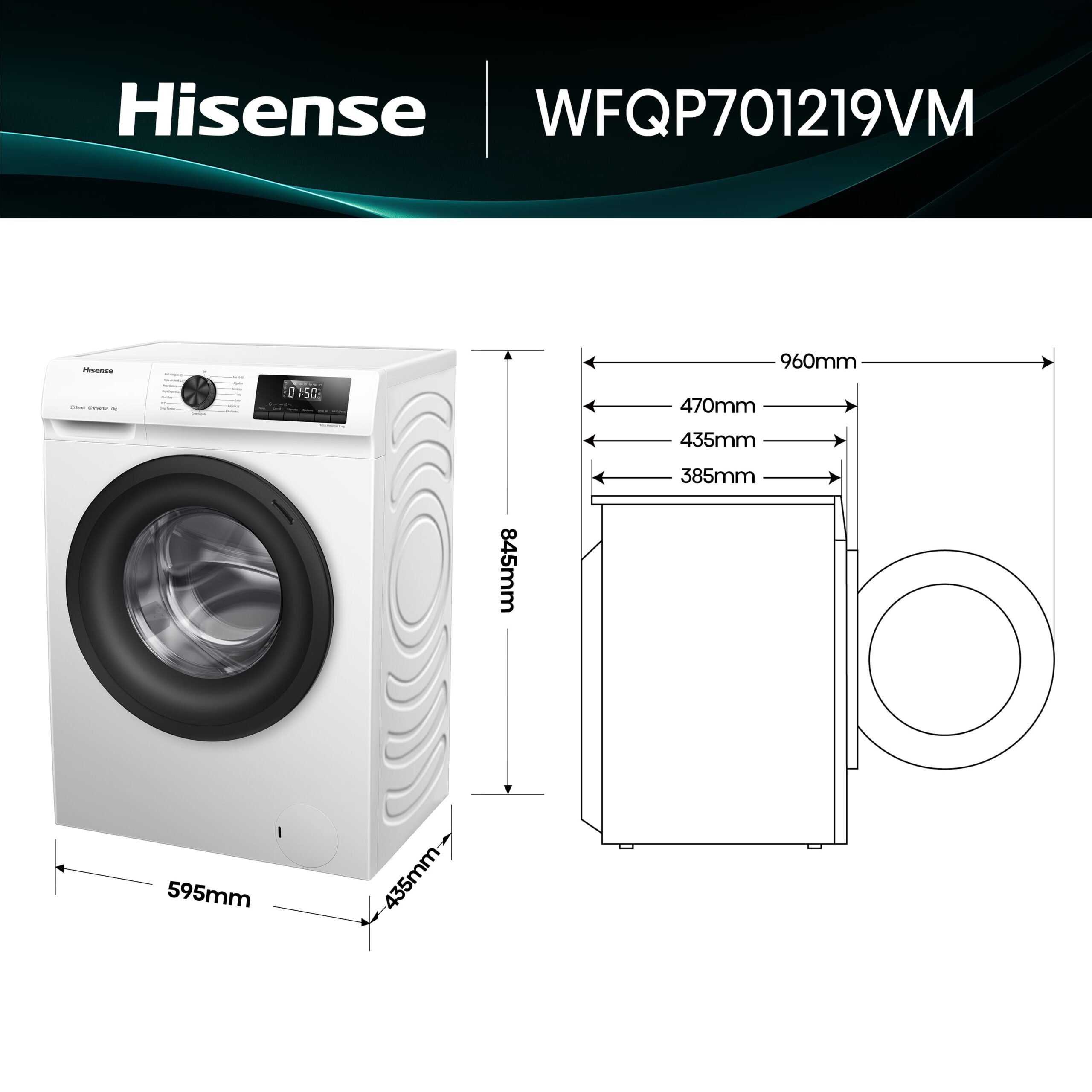 Hisense - WFQP701219VM – Lavadora De Libre Instalación, A, 7 Kg, 1200 rpm, Blanco