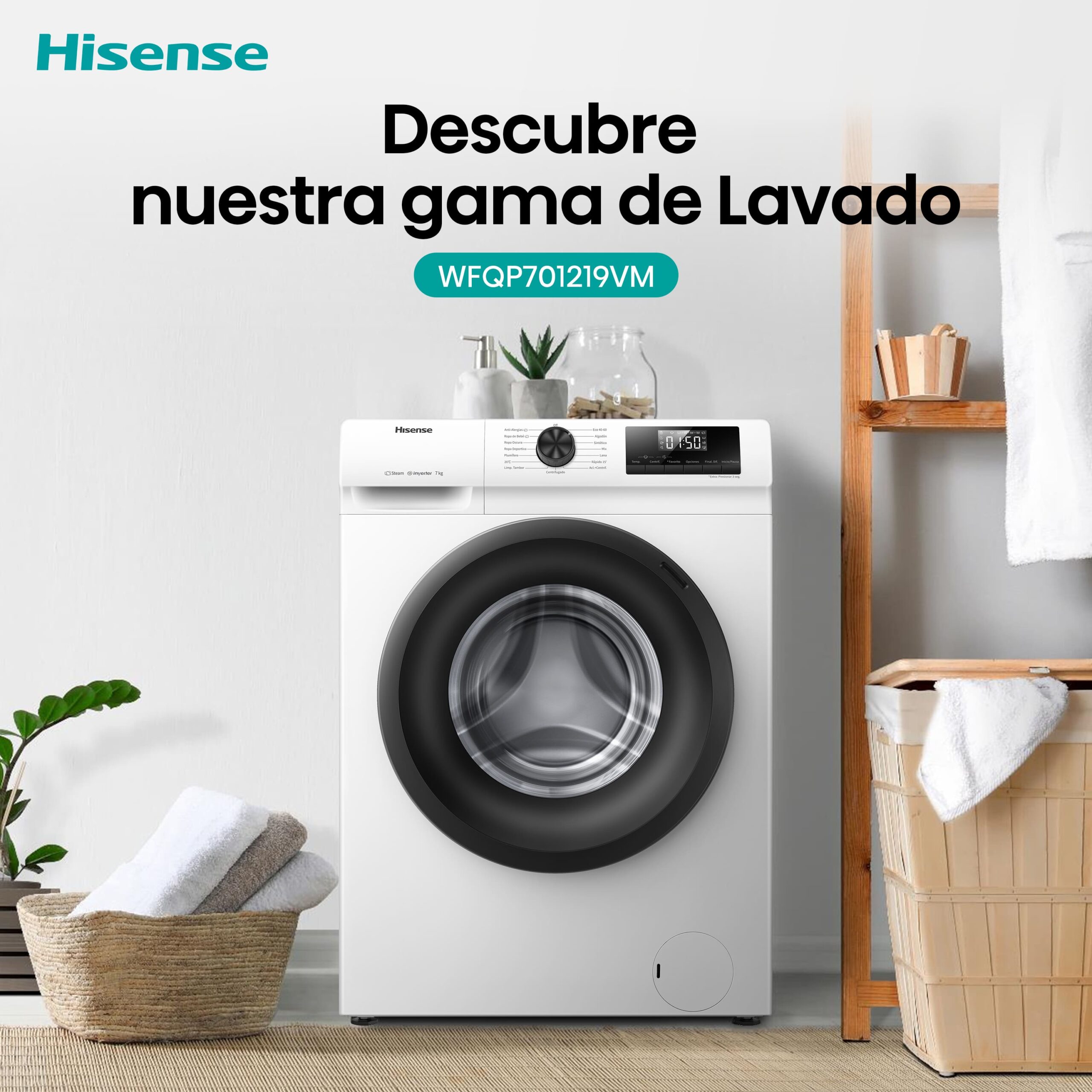 Hisense - WFQP701219VM – Lavadora De Libre Instalación, A, 7 Kg, 1200 rpm, Blanco