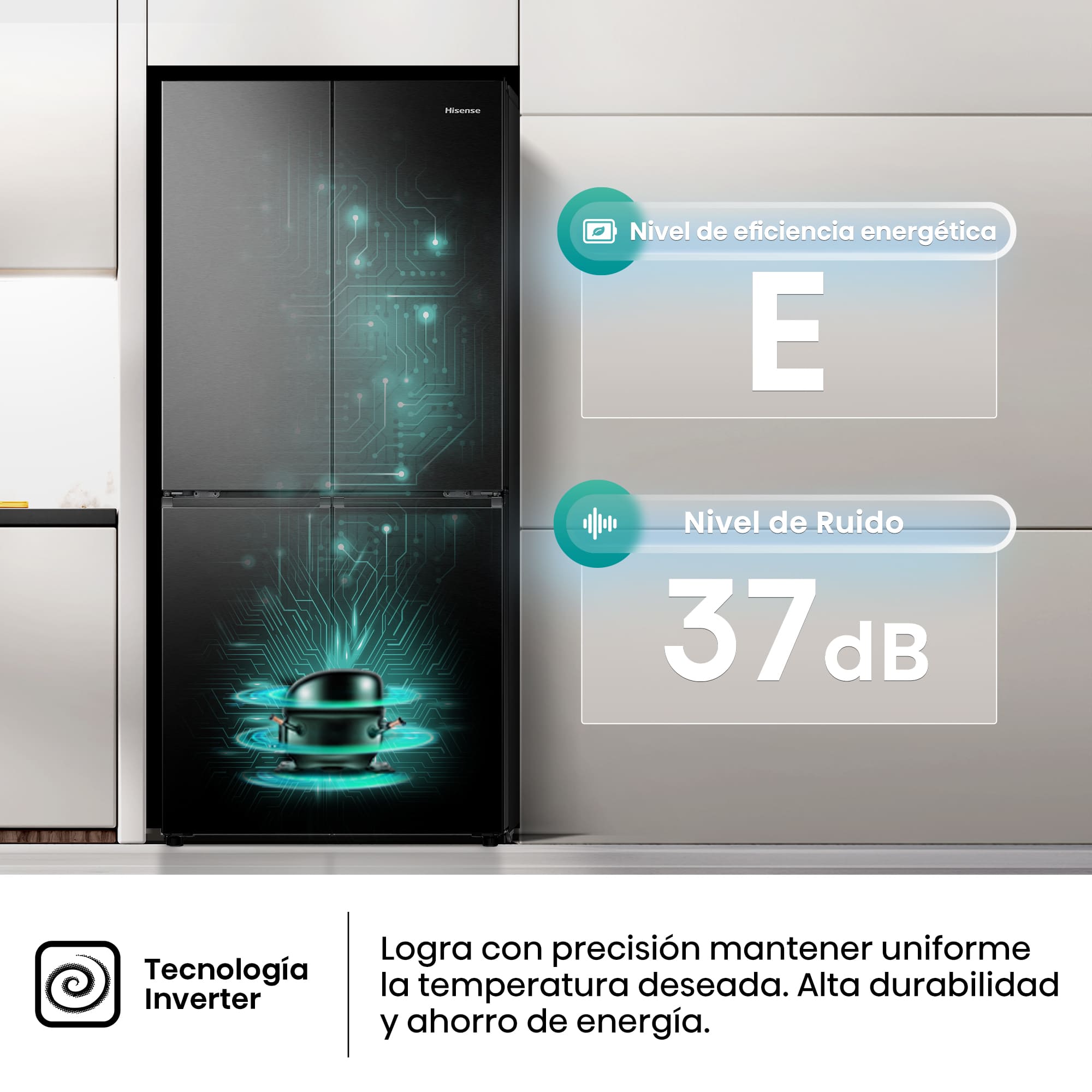 Hisense - RQ5P470SAFE – Americano 4 Puertas De Libre Instalación, Clase E, Capacidad 483L, Color Negro