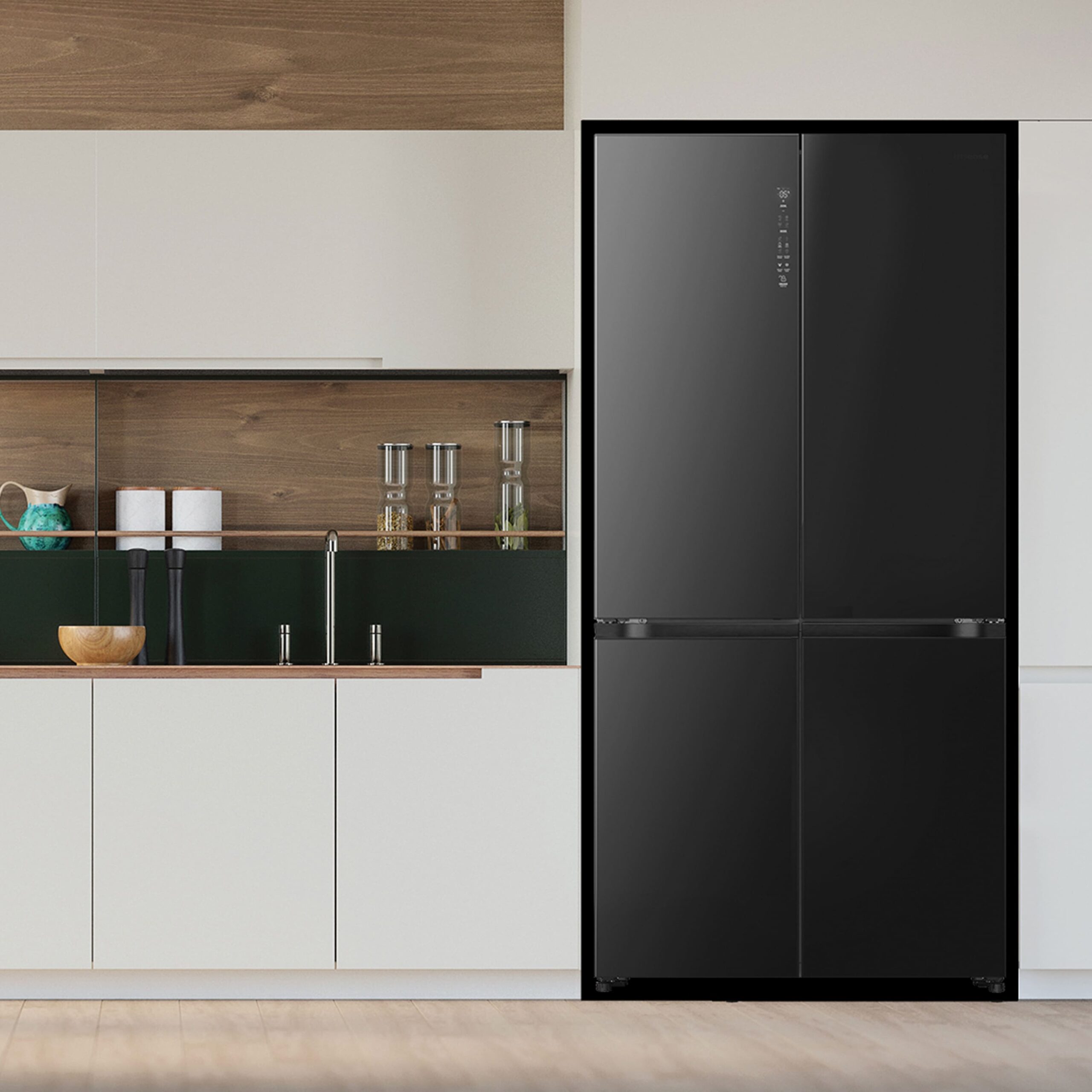 Hisense - RQ768N4GBE – Americano 4 Puertas De Libre Instalación Kitchen Fit, Clase E, Capacidad 591L, Color Cristal Negro