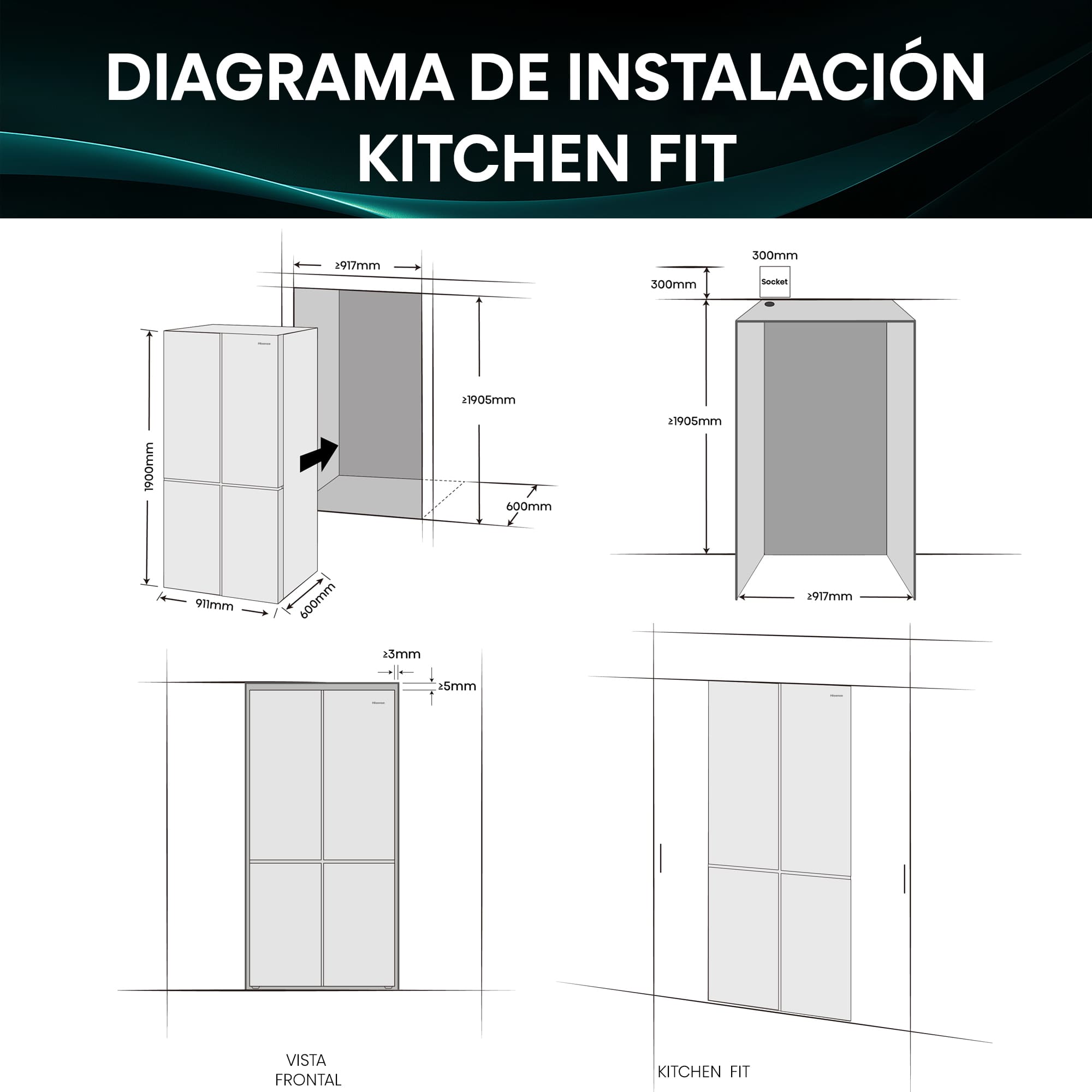 Hisense - RQ768N4GBE – Americano 4 Puertas De Libre Instalación Kitchen Fit, Clase E, Capacidad 591L, Color Cristal Negro