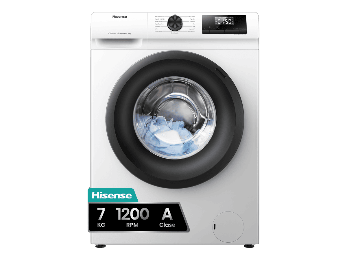 Hisense - WFQP701219VM – Lavadora De Libre Instalación, A, 7 Kg, 1200 rpm, Blanco, , 