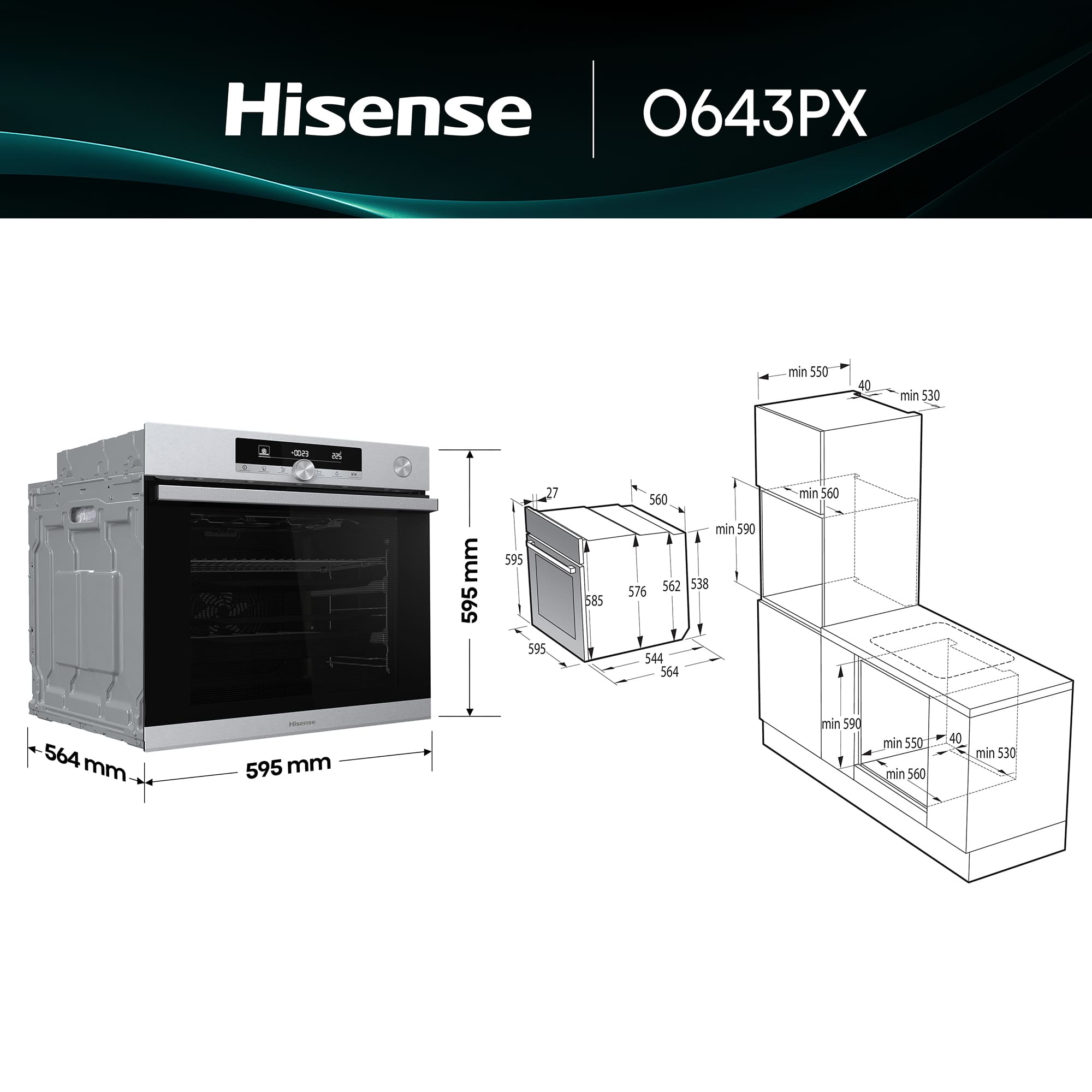 Hisense - O643PX – Horno Pirolítico, Cocción Vapor Con Depósito, Clase A+, 77L, Inox
