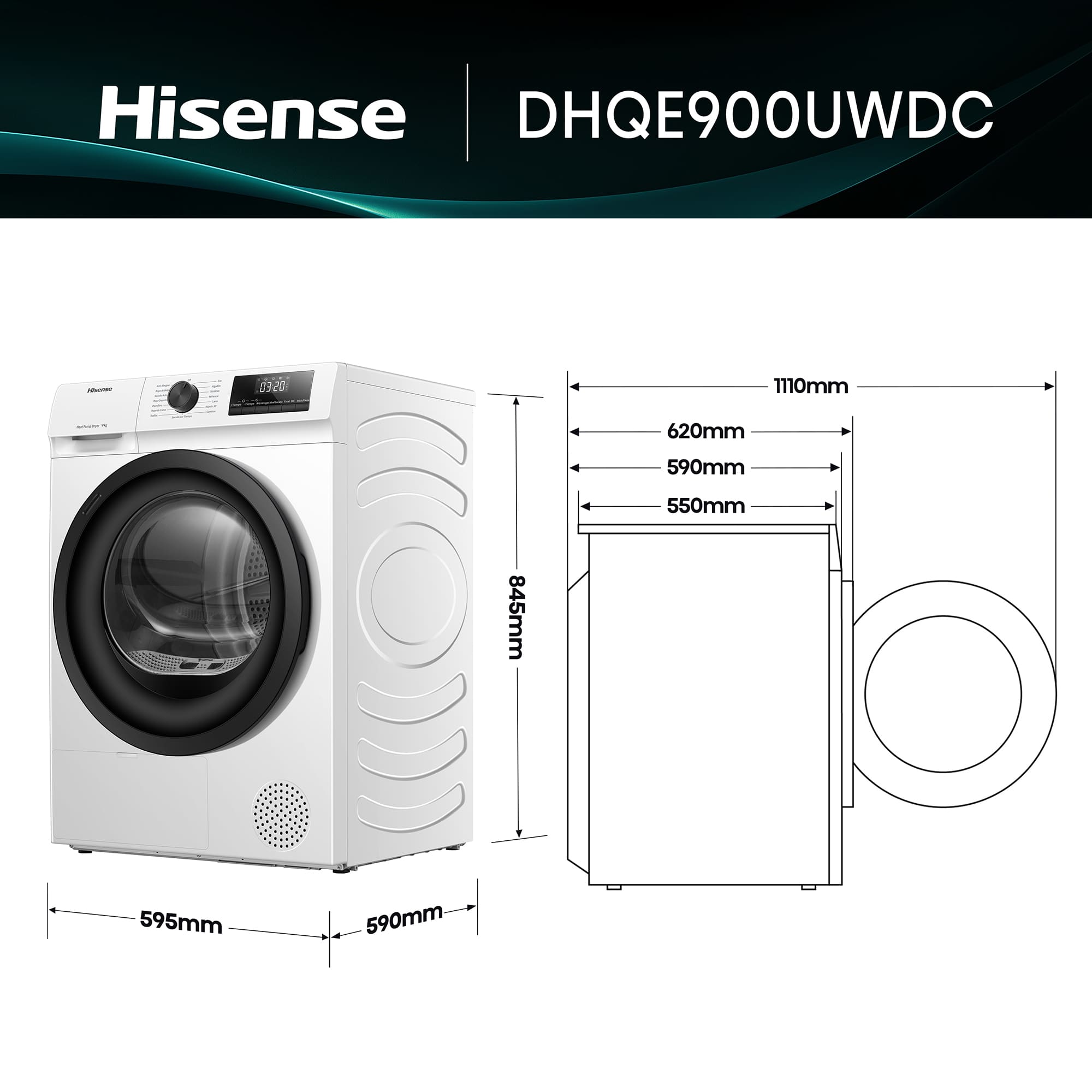 Hisense - DHQE900UWDC – Secadora De Libre Instalación, Clase D, Capacidad 9 Kg, Color Blanco