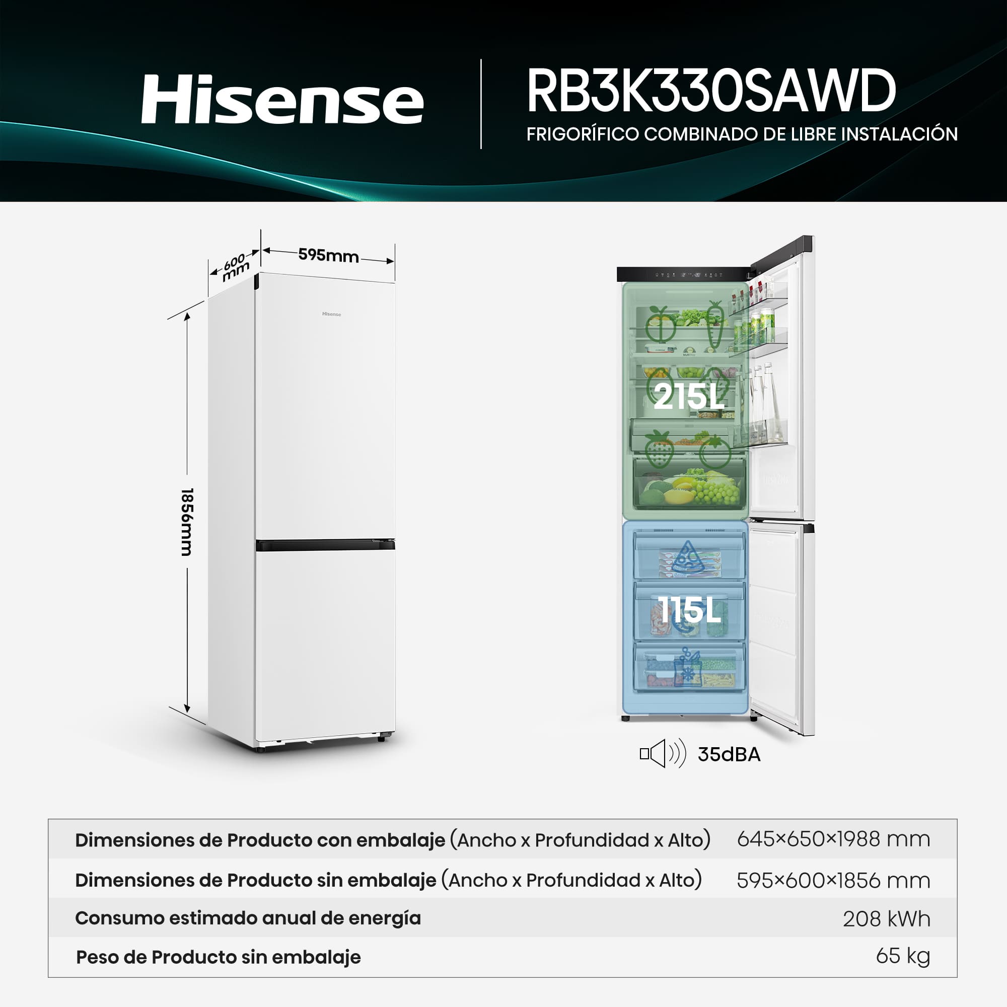 Hisense - RB3K330SAWD – Combi 2 Puertas De Libre Instalación Kitchen Fit, Clase D, Capacidad 330L, Color Blanco